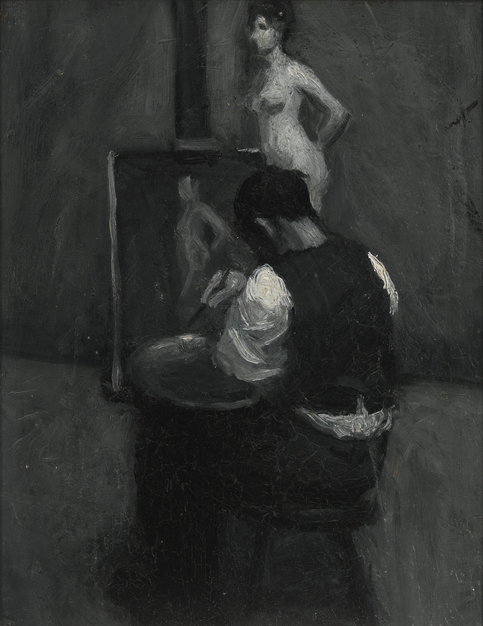 A painter sits at their canvas in front of a nude model