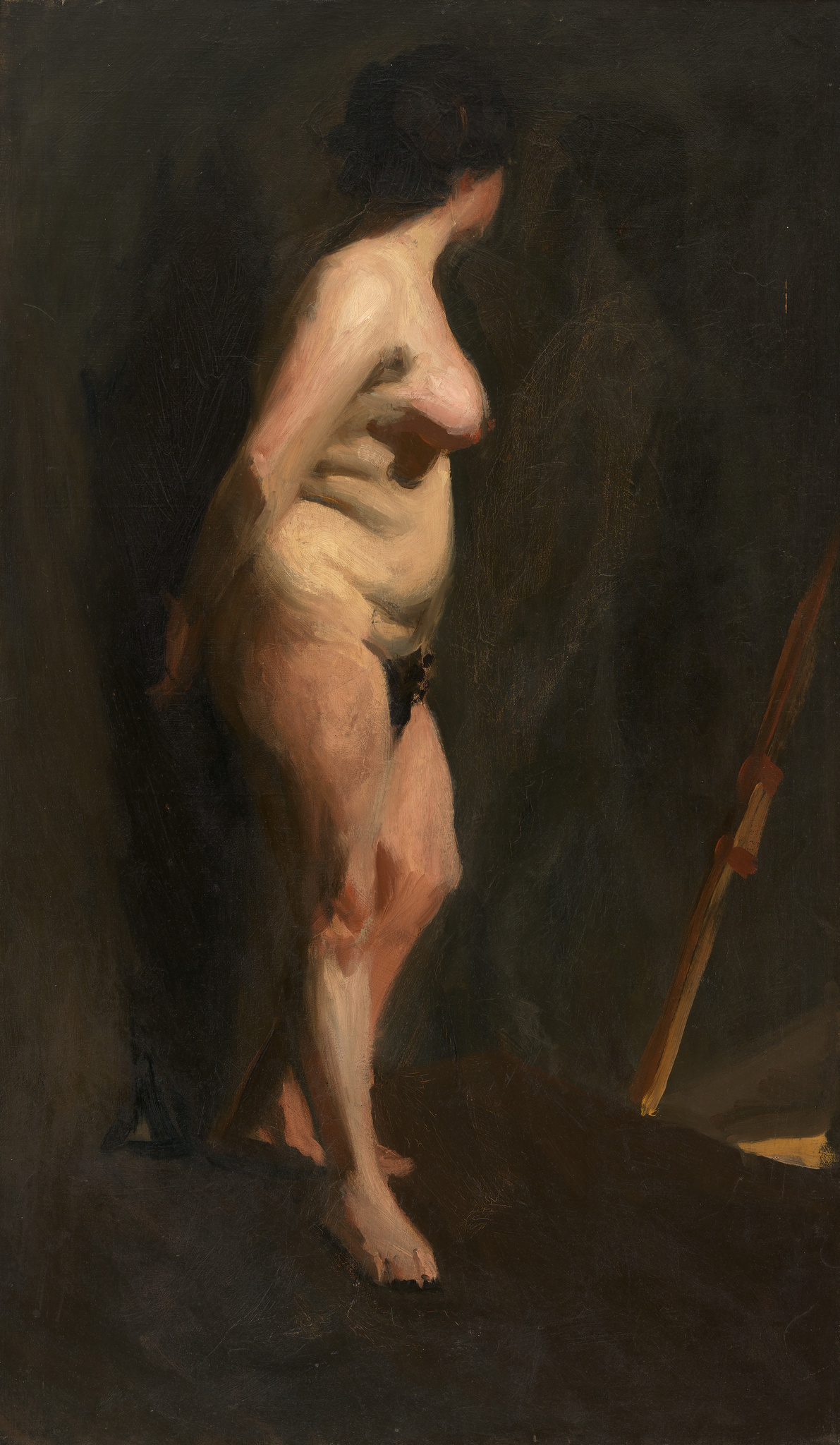 A painting depicting a classical scene with a partially draped female figure seen from behind, standing next to a spear, set against a dark, indistinct background. The figure's pose suggests a contemplative or waiting stance, and the painting style is loose and expressive, with a focus on the play of light and shadow on the form.