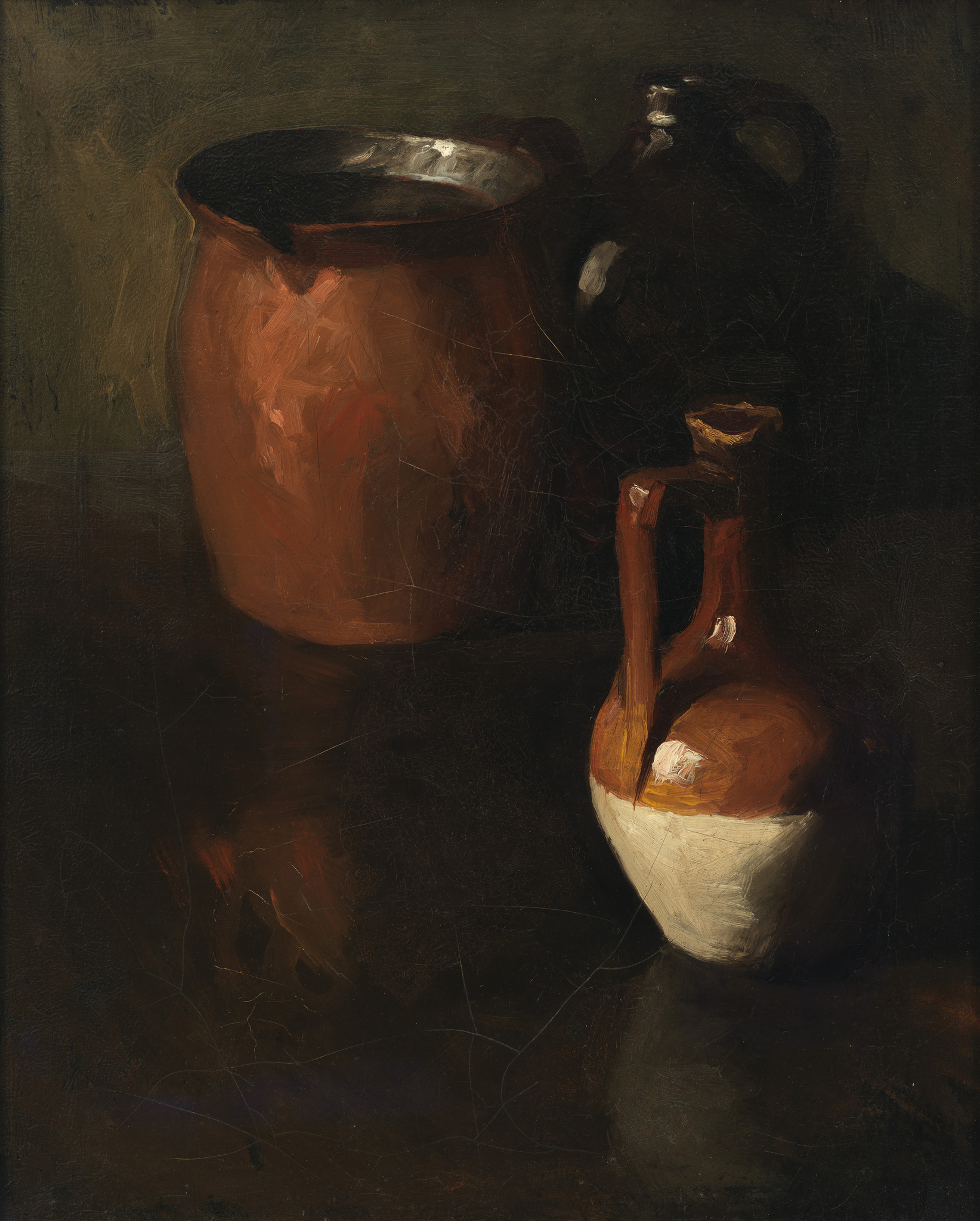 A still life painting featuring a large copper pot with a blackened interior, a dark jug, and a smaller ceramic vessel with a broken handle, all set against a dark, muted background. The objects are rendered with textured brushstrokes that highlight the play of light and shadow on their surfaces.