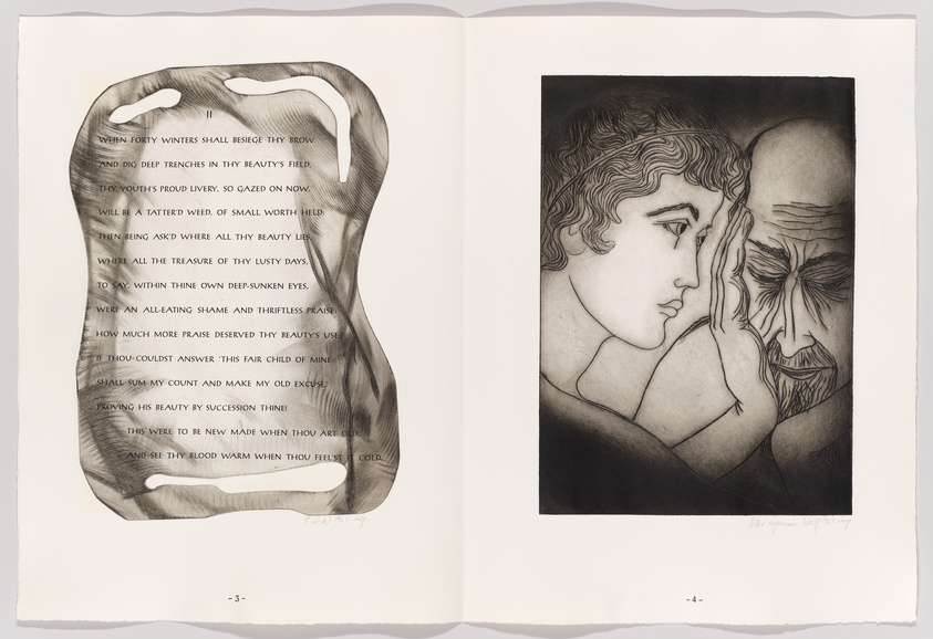 A two-page spread from a book or portfolio, with the left page featuring a poem in a silhouette of a human profile, and the right page showing a detailed black and white illustration of a young person resting their head against an older, bearded figure. Both figures appear contemplative or sorrowful. The artwork is signed and dated by the artist.