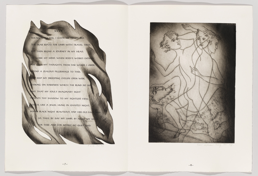A two-page spread from a book with the left page featuring a poem titled "XXVII" with text flowing inside an abstract, flame-like silhouette, and the right page displaying an etching of two intertwined nude figures, one of whom appears to be whispering into the other's ear, with a signature and date at the bottom.