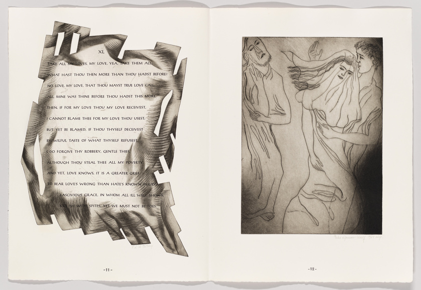 An open book with two pages visible. On the left page, a poem with the title "XL" is printed, with parts of the text artistically obscured by black ribbon-like illustrations that give a sense of the text being torn or peeled away. On the right page, there is an etching of three figures; one appears anguished and separate from the other two, who are intimately embracing. The artwork has a classical style, and the etching is signed and dated at the bottom right. The page numbers "-11-" and "-12-" are at the bottom of the respective pages.