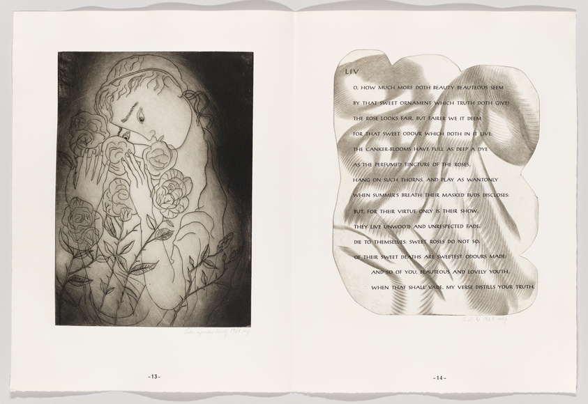 An open book with an illustration on the left page depicting a woman's profile with her face nestled among large roses, and text on the right page shaped into a heart, containing a poem. The pages are numbered "-13-" and "-14-" at the bottom, and there is a signature and date on the bottom right of the right page.