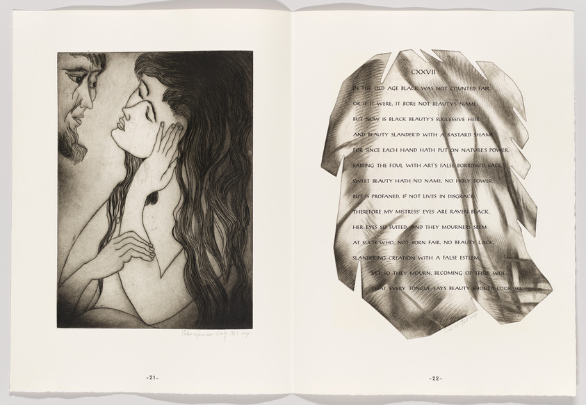 An open book with two pages visible. On the left page, there is a black and white etching of a man and a woman in profile, facing each other intimately with their foreheads nearly touching. The woman's hand gently touches the man's face. On the right page, a poem is printed in black ink with certain lines redacted by a ribbon-like illustration that weaves through the text. The bottom of each page is numbered, "-21-" on the left and "-22-" on the right, with the artist's signature and date below the illustration on the left.