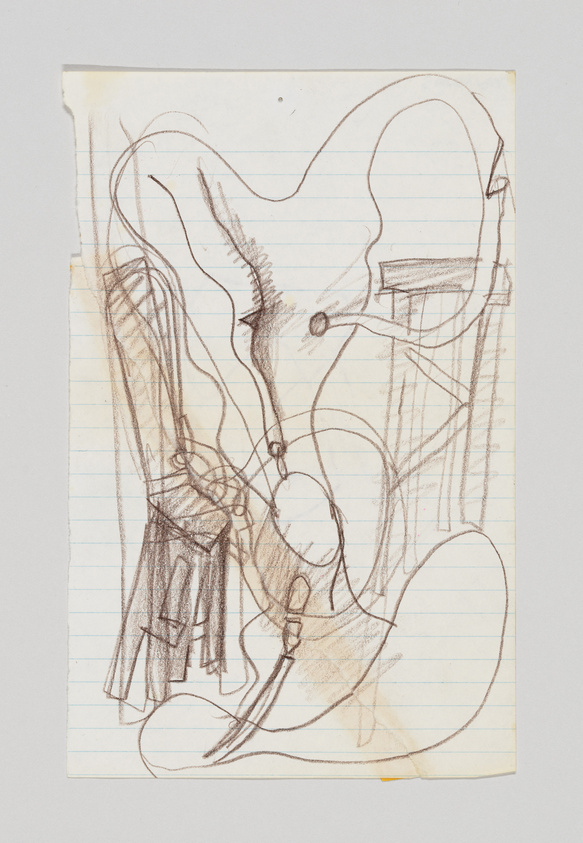 A sketch with abstract lines and shapes on a piece of lined notebook paper. The drawing features curvilinear forms and appears to be done with a pencil or charcoal, with some areas showing shading and others left more defined. The paper is slightly creased and has a torn edge on the top left side.