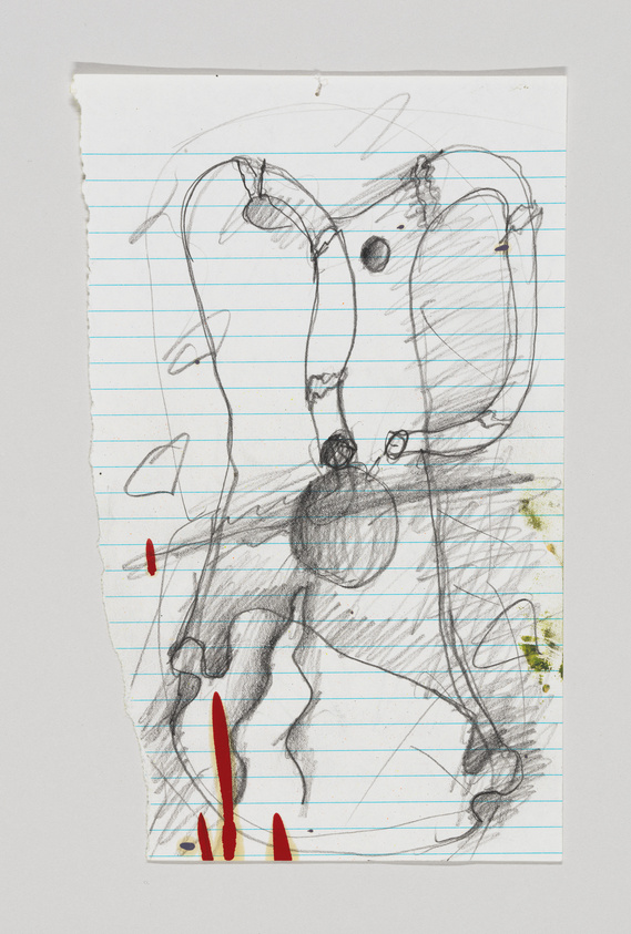 A piece of lined notebook paper with a child's drawing in pencil, featuring abstract shapes and scribbles with a few touches of red and yellow color, pinned against a white background. The paper is slightly torn at the top.