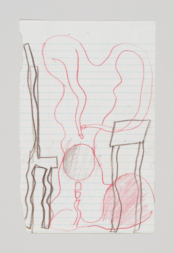 A child's drawing on a piece of lined notebook paper, featuring abstract shapes and squiggly lines in red and brown crayon. The paper is slightly torn on the left edge, indicating it may have been ripped from a notebook.
