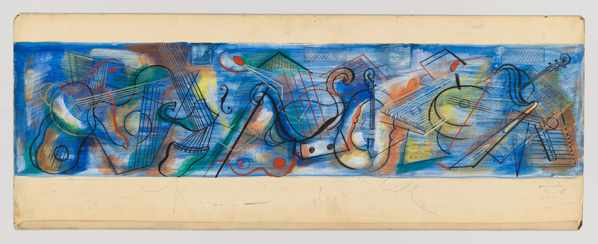 A vibrant abstract painting featuring a dynamic composition of overlapping musical instruments, including strings and keyboards, depicted with swirling lines and bright colors against a predominantly blue background. The artwork is signed at the bottom right.