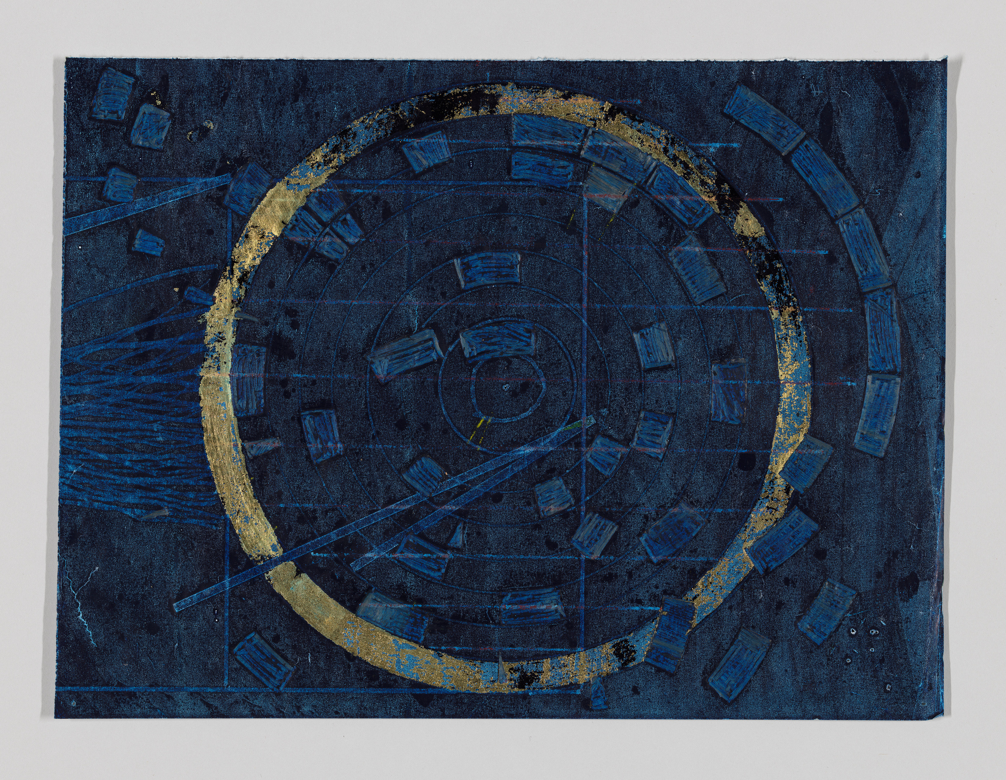 Abstract blue artwork with concentric circles and gold accents, resembling an astronomical chart.
