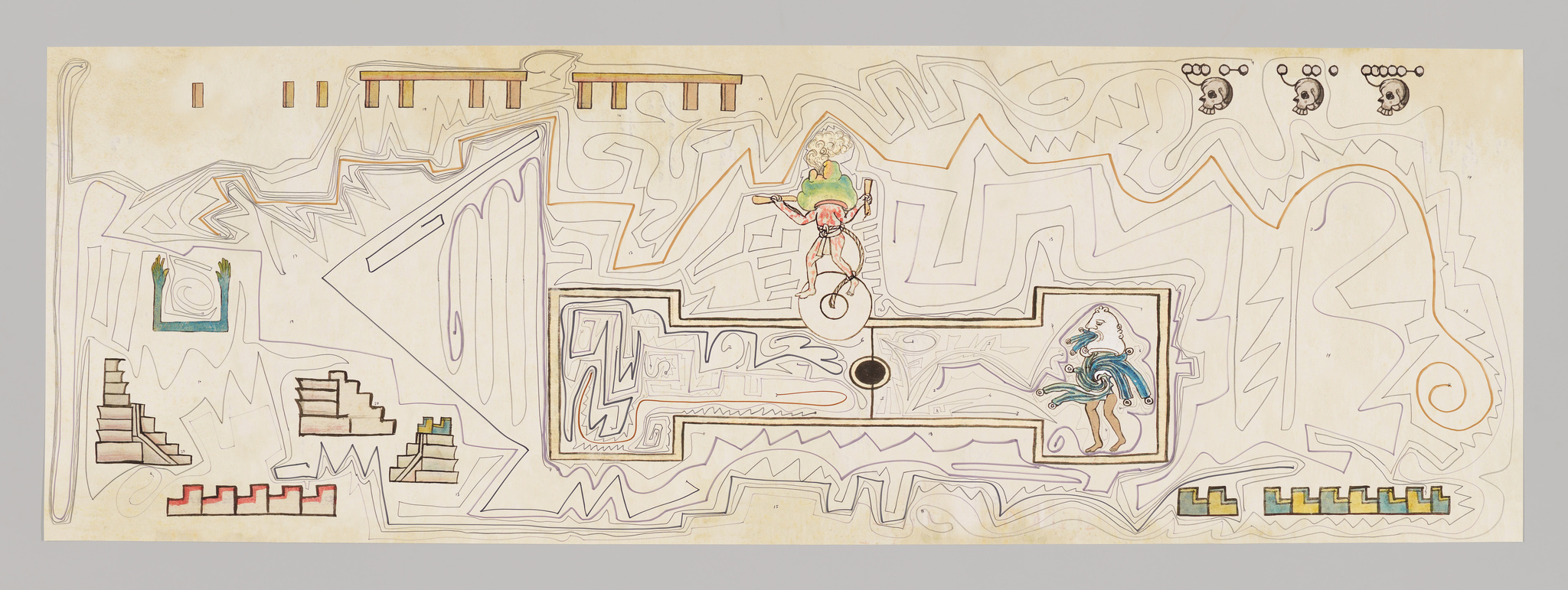 A frenzy of lines and geometric shapes cover this drawing with a rectagular kind of shape taking up the center of the work