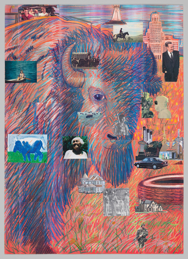 A vibrant collage featuring a large, central image of a bison overlaid with various smaller images, including people, landscapes, and buildings. The bison's fur is rendered in expressive red and blue strokes, creating a dynamic texture. Insets include a family in a car, a man on horseback, a smiling individual, a house, and a soldier, among others, all set against a fiery red and orange background.