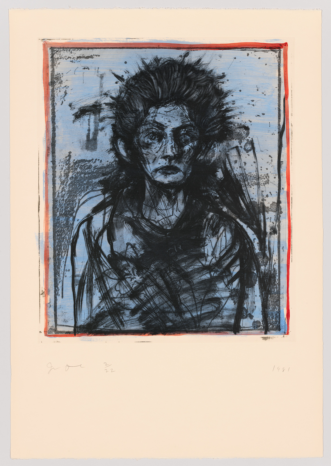 A print featuring a stylized portrait of a person with wild, dark hair and expressive features, surrounded by a red and blue border. The artwork has a rough, sketch-like quality with visible brush strokes and splatters. There is a signature and a date in the bottom left corner, indicating it was created in 1981.