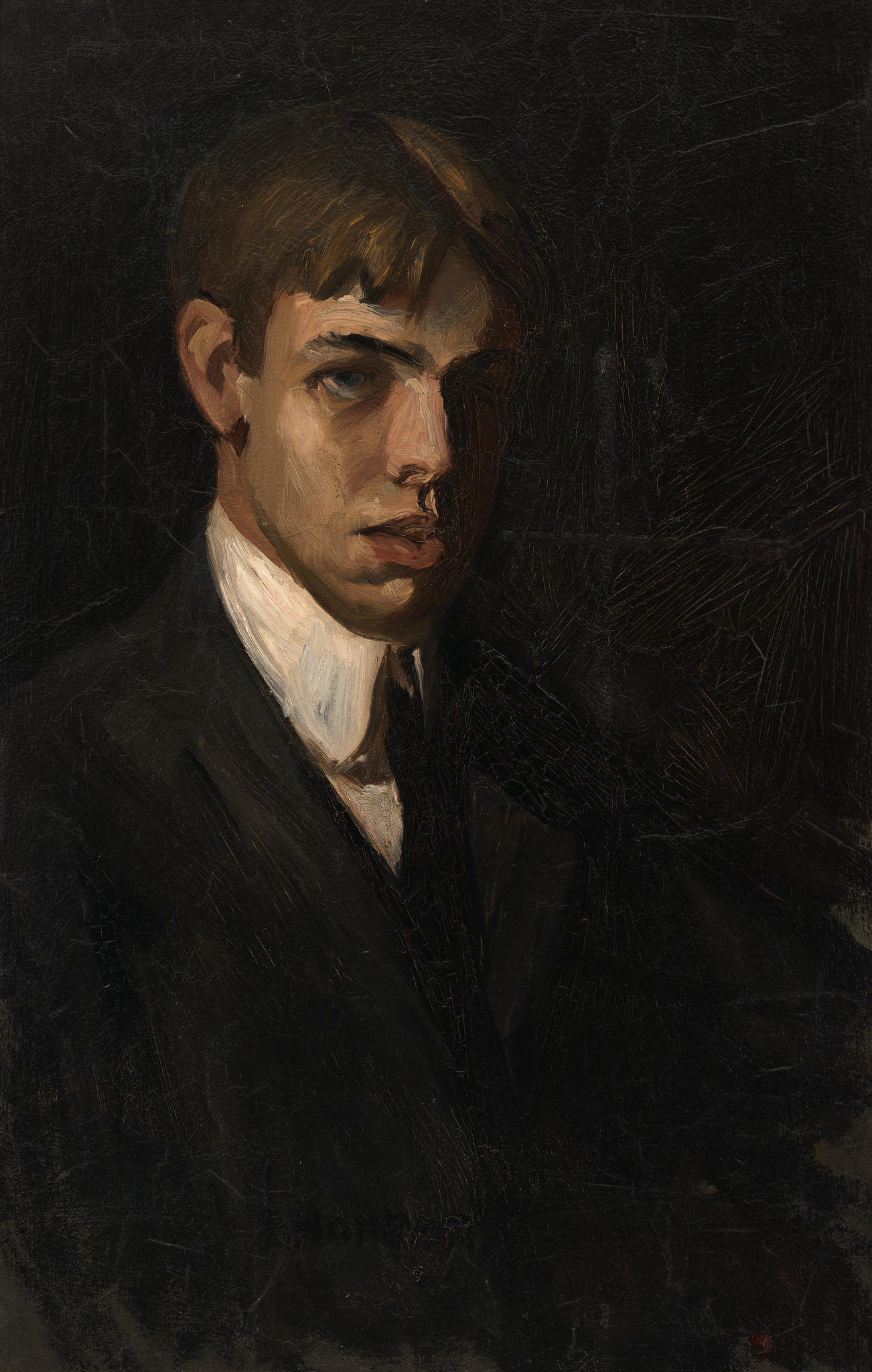Portrait of a young man with a contemplative expression, featuring dark hair and wearing a black jacket with a white shirt collar. The painting is executed with bold brushstrokes against a dark, textured background.