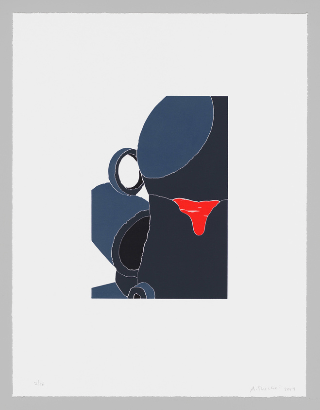 White ground with a crisp tumble of blue and dark mug-like forms ruptured by a bright red drip