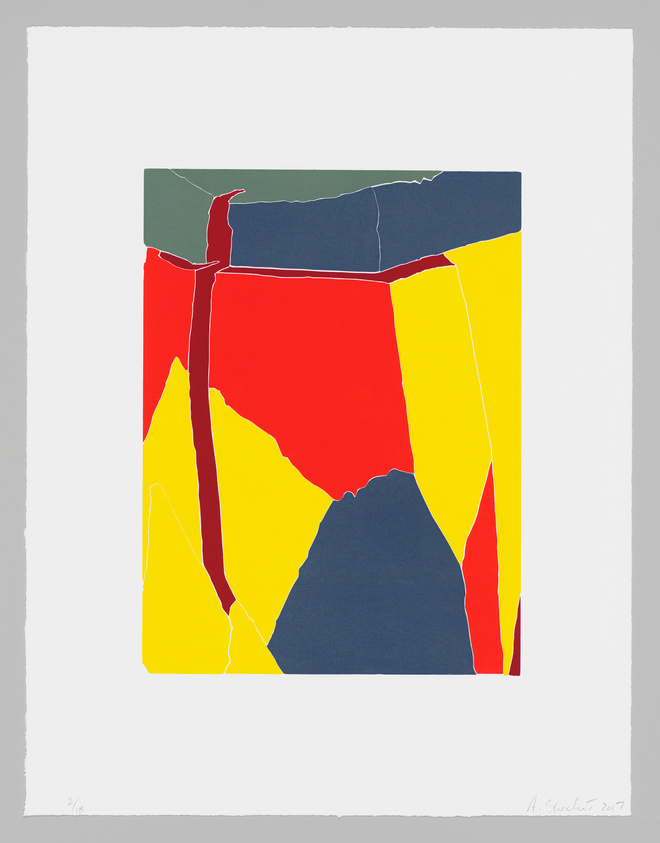Irregularly shaped blocks of primary colors join at jagged borders.