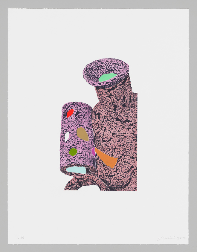 a mishmash of color and pattern shaped like pottery set against a grey background