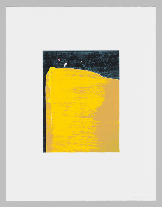 A yellow, dimensional rectangle stands vibrantly in front of a mostly-black background