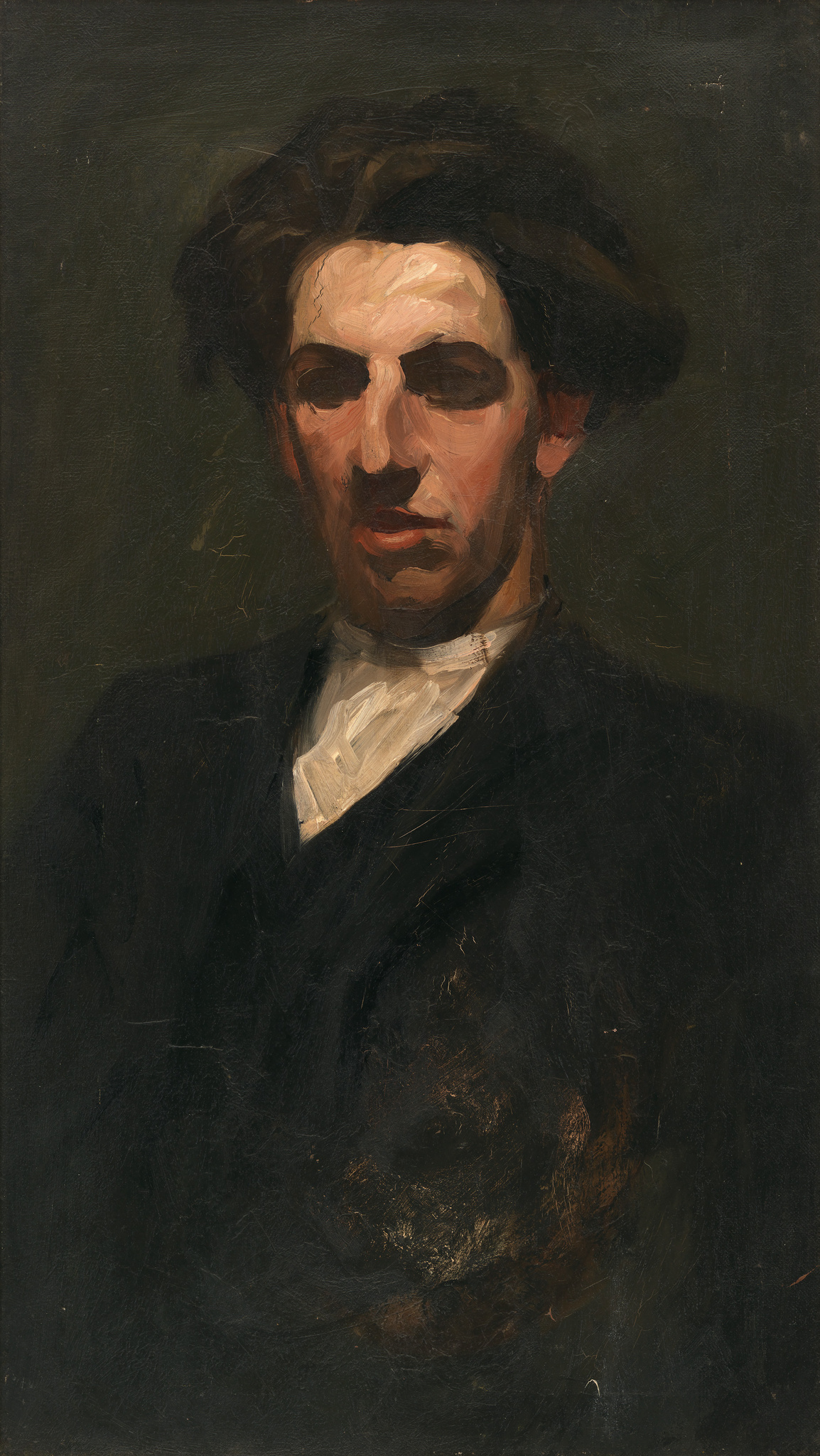 Oil painting of a man with a contemplative expression, wearing a black jacket and white shirt, set against a dark background. The brushwork is loose and expressive, suggesting the work of an impressionist or post-impressionist artist.