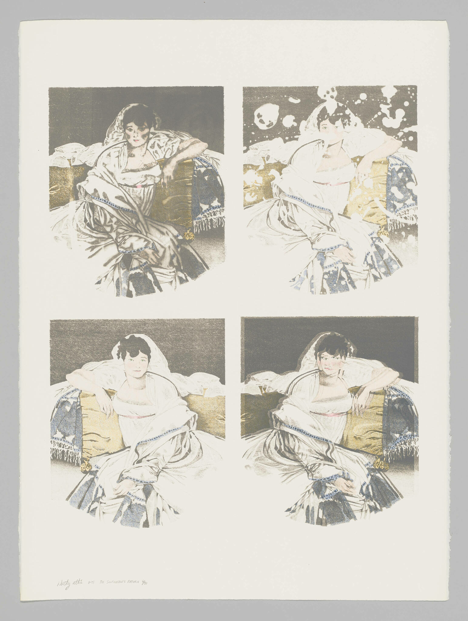Four variations of a print depicting a woman seated on a bed with a dark background, each with different color schemes and levels of detail. The woman is dressed in a white garment with blue accents and is partially covered by a patterned blanket. The prints are arranged in a two-by-two grid on a white background, with the artist's signature and a date in the bottom left corner.