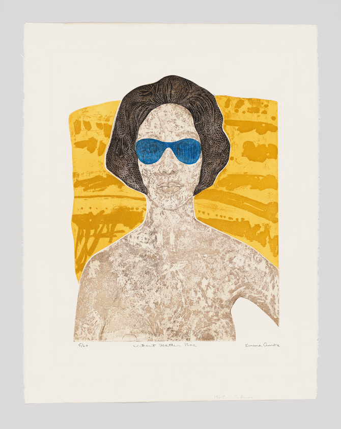 A naked woman in front of a swath of vivid yellow observes us through blue sunglasses.