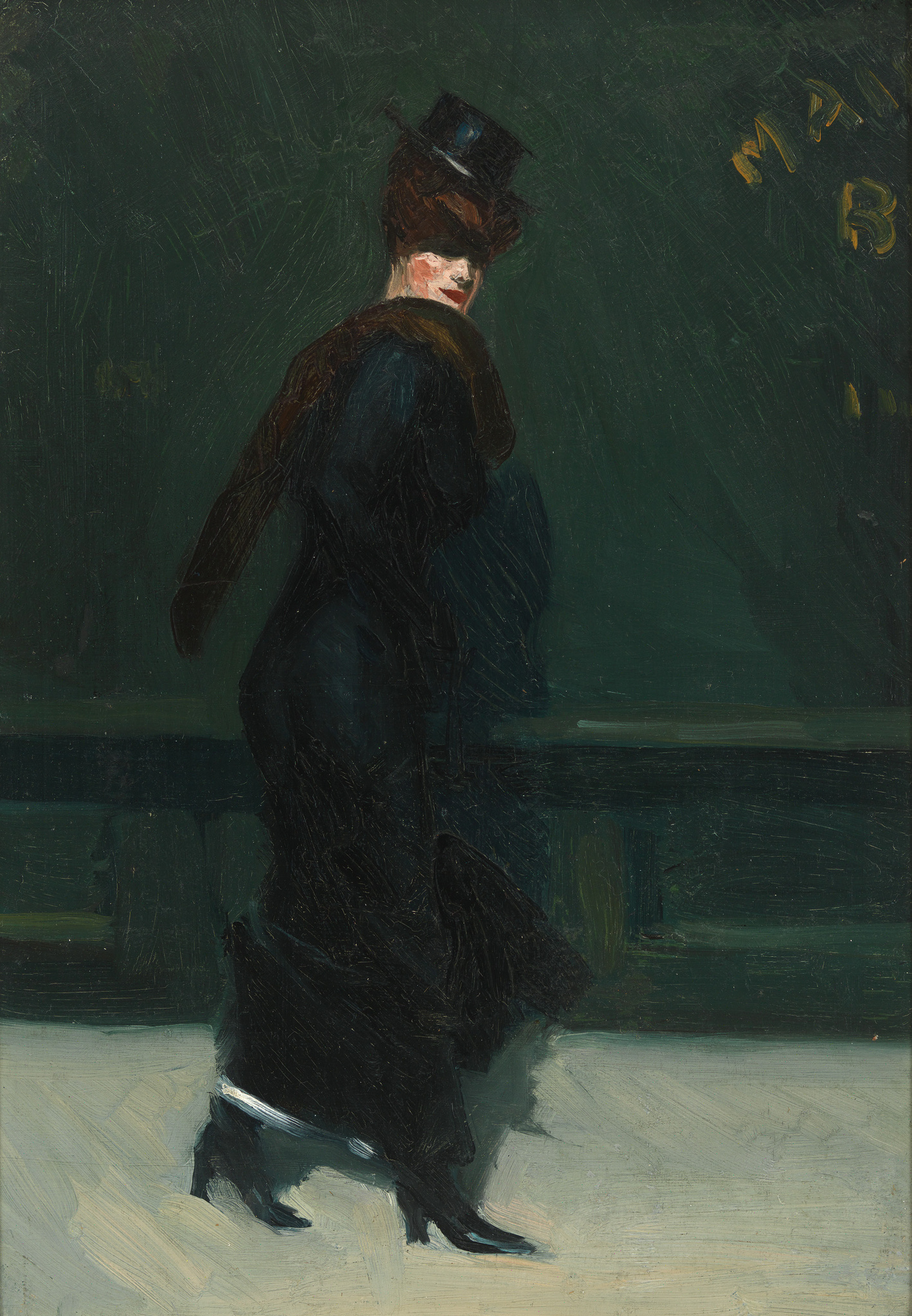 A painting depicting a woman in a dark dress and hat, standing in profile against a dark green background with the letters "M B" visible in the upper right corner. The woman appears contemplative, with her head slightly tilted downward and her hand resting against her cheek. The style is impressionistic, with visible brushstrokes and a focus on the interplay of light and shadow.
