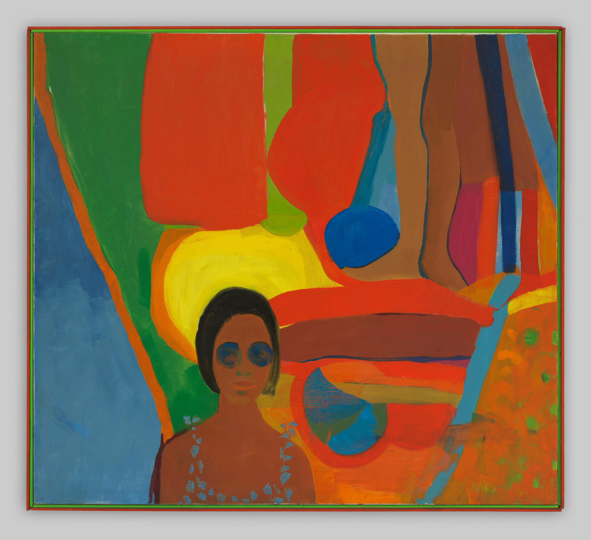 A female figure in sunglasses set against a medley of colorful abstract forms, with a pair of legs extending from above