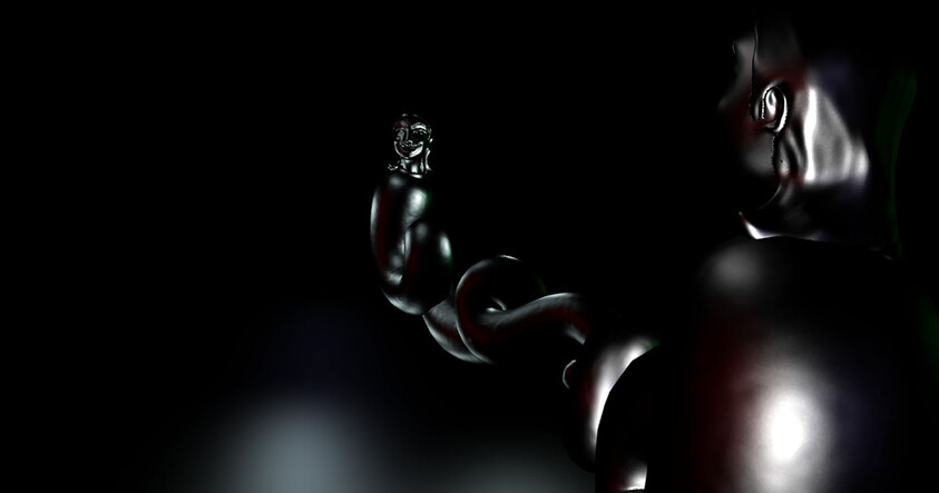 A dark, abstract image featuring a shiny, twisted metallic form with a small, detailed face at the end, set against a black background.