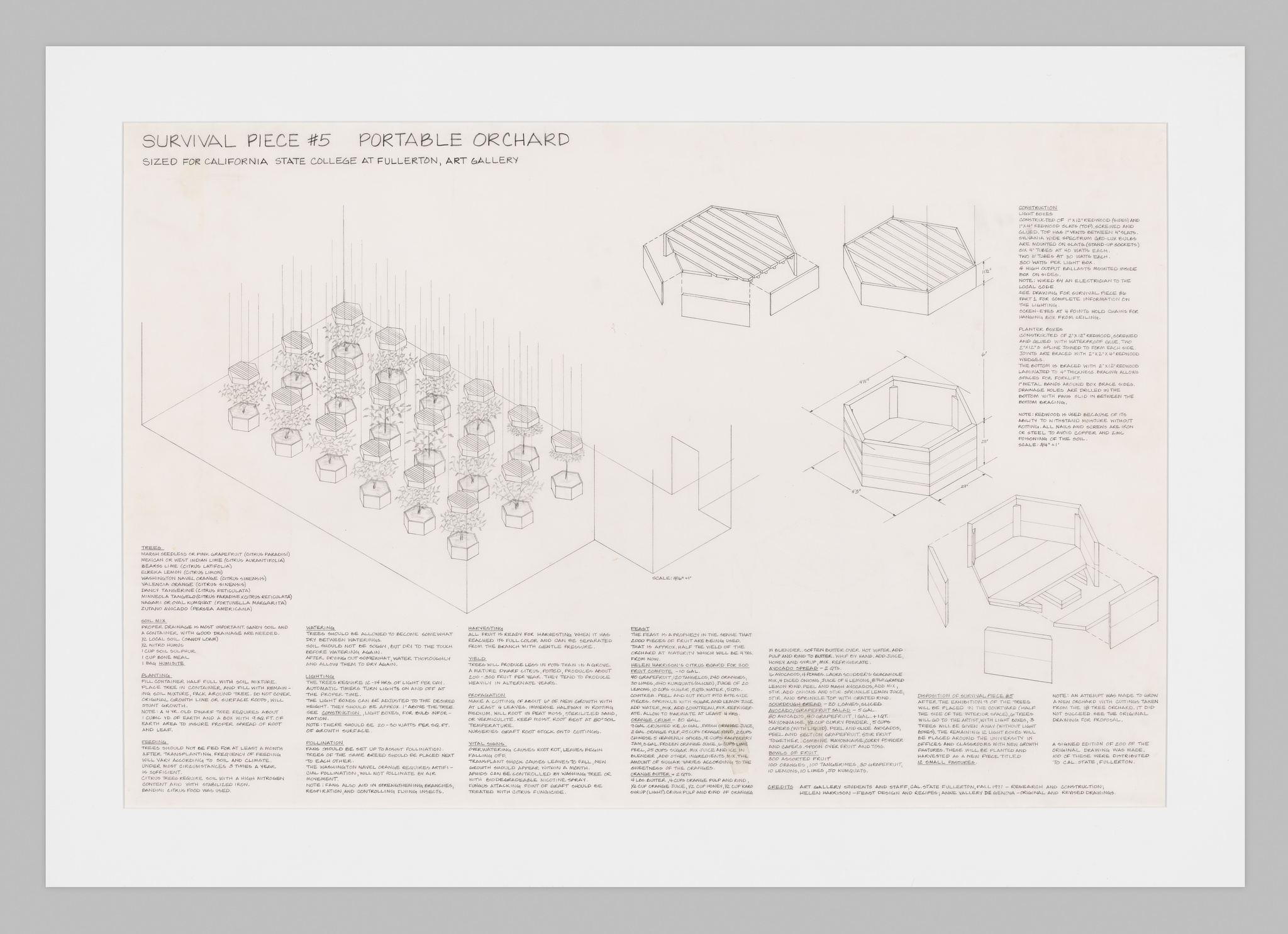Diagram of "Survival Piece #5 Portable Orchard" with text and sketches of geometric structures and trees.