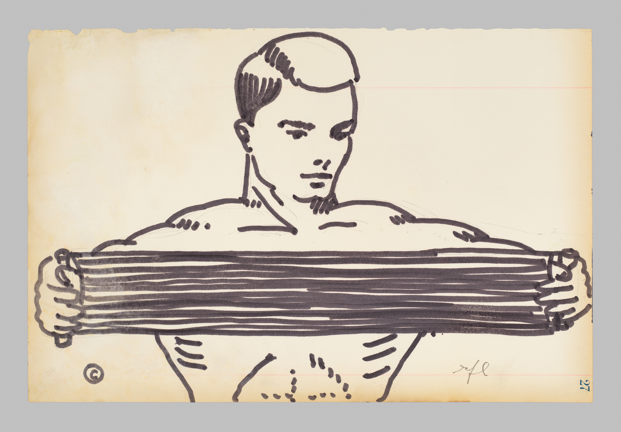 Illustration of a stylized man with a prominent, muscular upper body, gripping a thick, horizontal bar with both hands, which covers his midsection. The drawing features bold, black lines on a yellowed paper background, and there's a signature in the lower right corner.