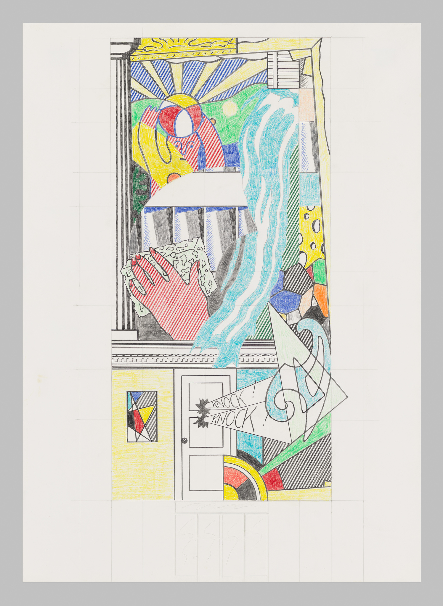 Colorful abstract drawing with a hand cleaning, a waterfall, and a door with "Knock! Knock!" text.