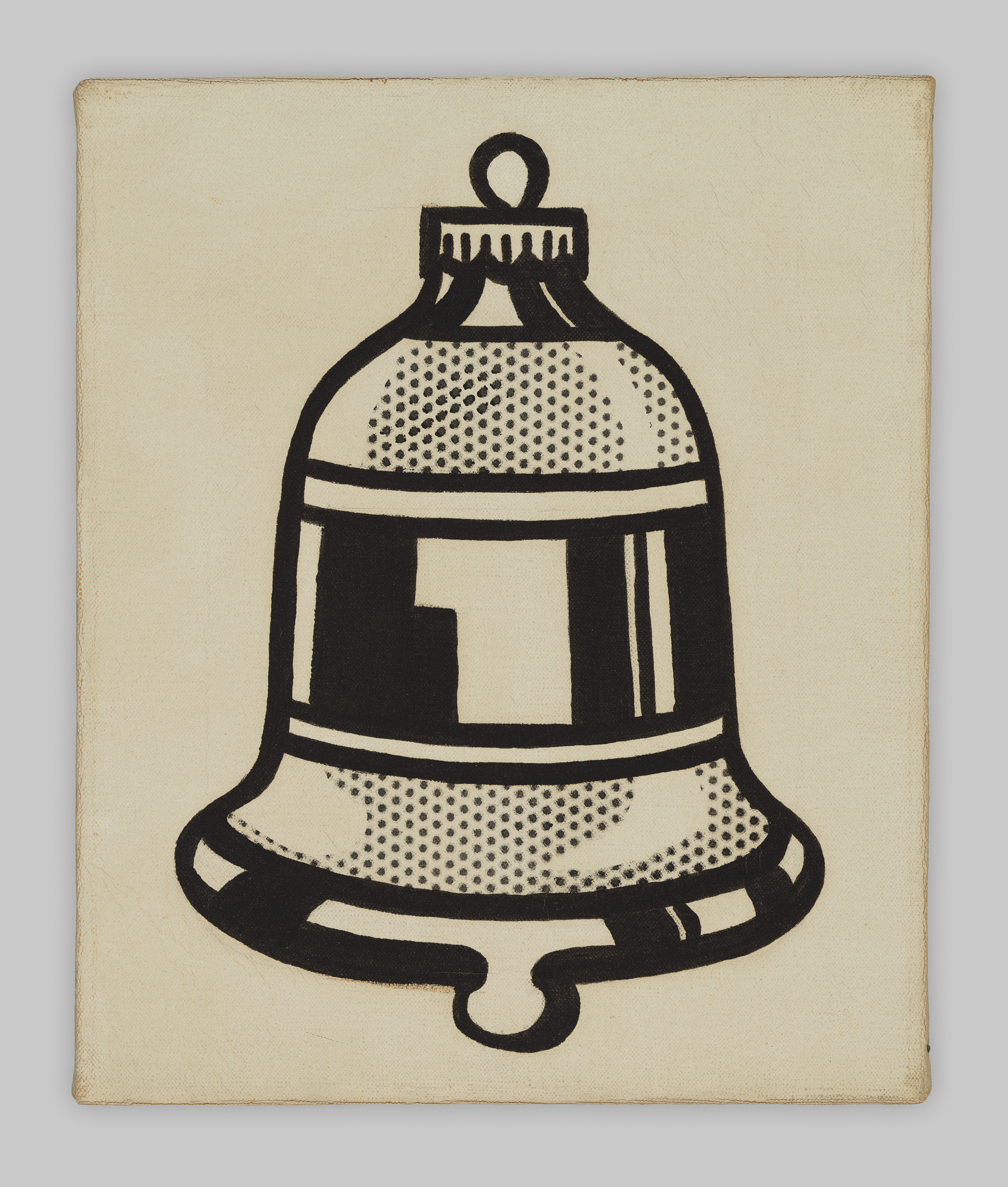A stylized black and white illustration of a bell on a textured beige background.