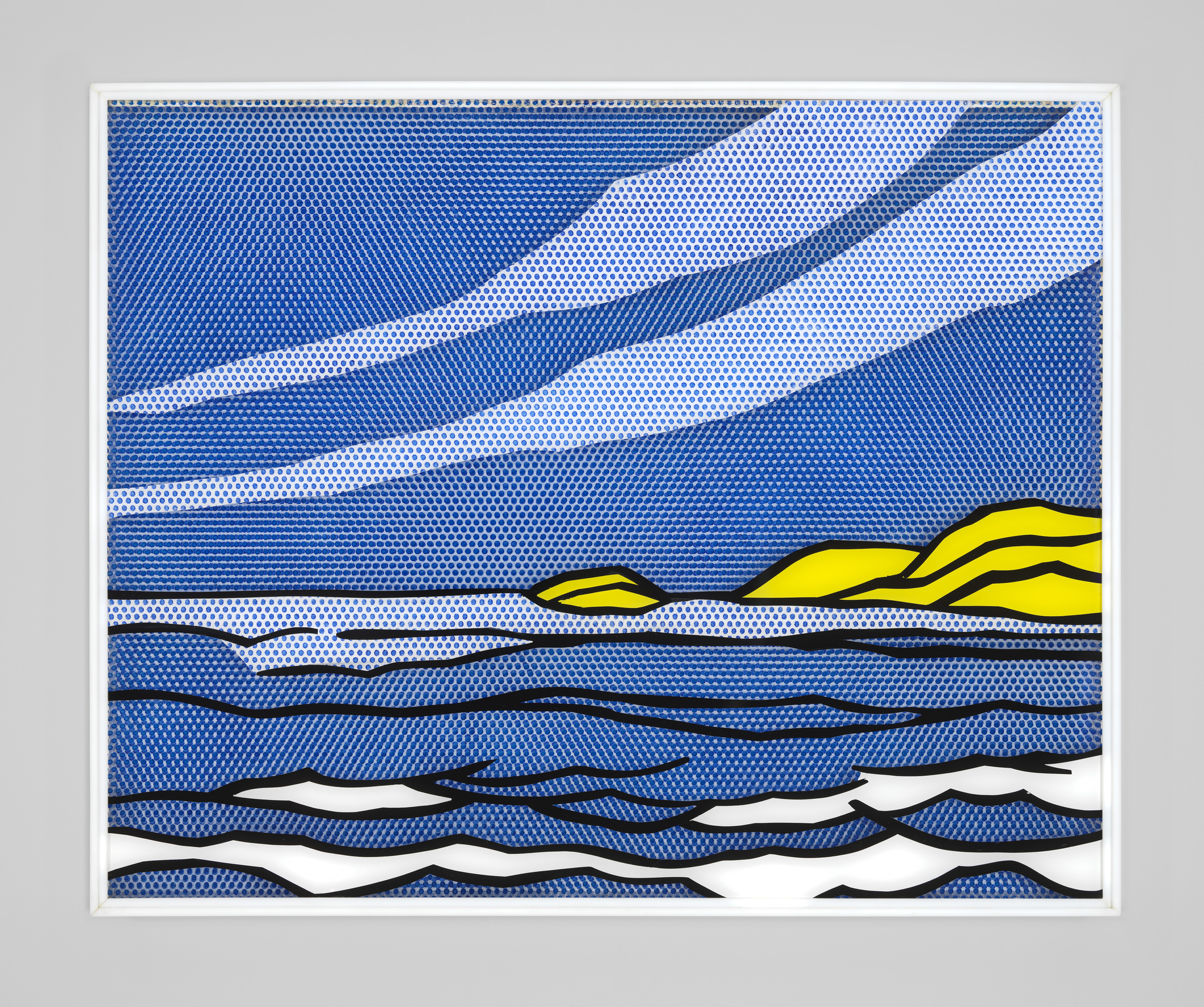 A graphic artwork depicting a stylized ocean scene with waves in various shades of blue, created using a dot pattern technique. The sky is represented with lighter blue and white curved lines, while the waves in the foreground feature darker hues. A bright yellow and black shape resembling a sun or moon is partially visible on the horizon. The piece is framed in white and has a modern, pop art aesthetic.