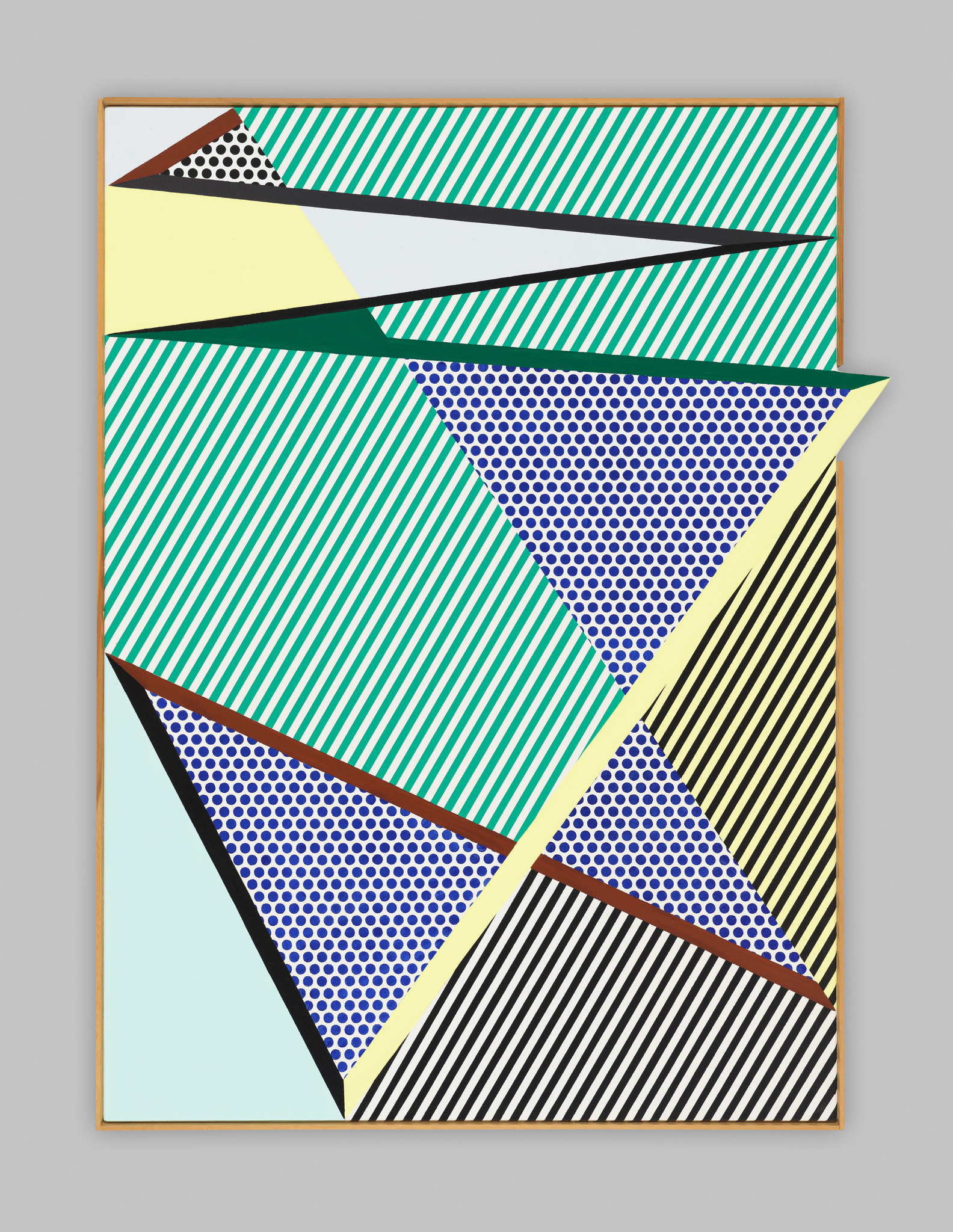 A colorful geometric abstract artwork featuring a variety of patterns such as stripes and dots within an assortment of triangles and other angular shapes. The patterns are in shades of green, blue, yellow, and black on a light background, all contained within a simple frame.