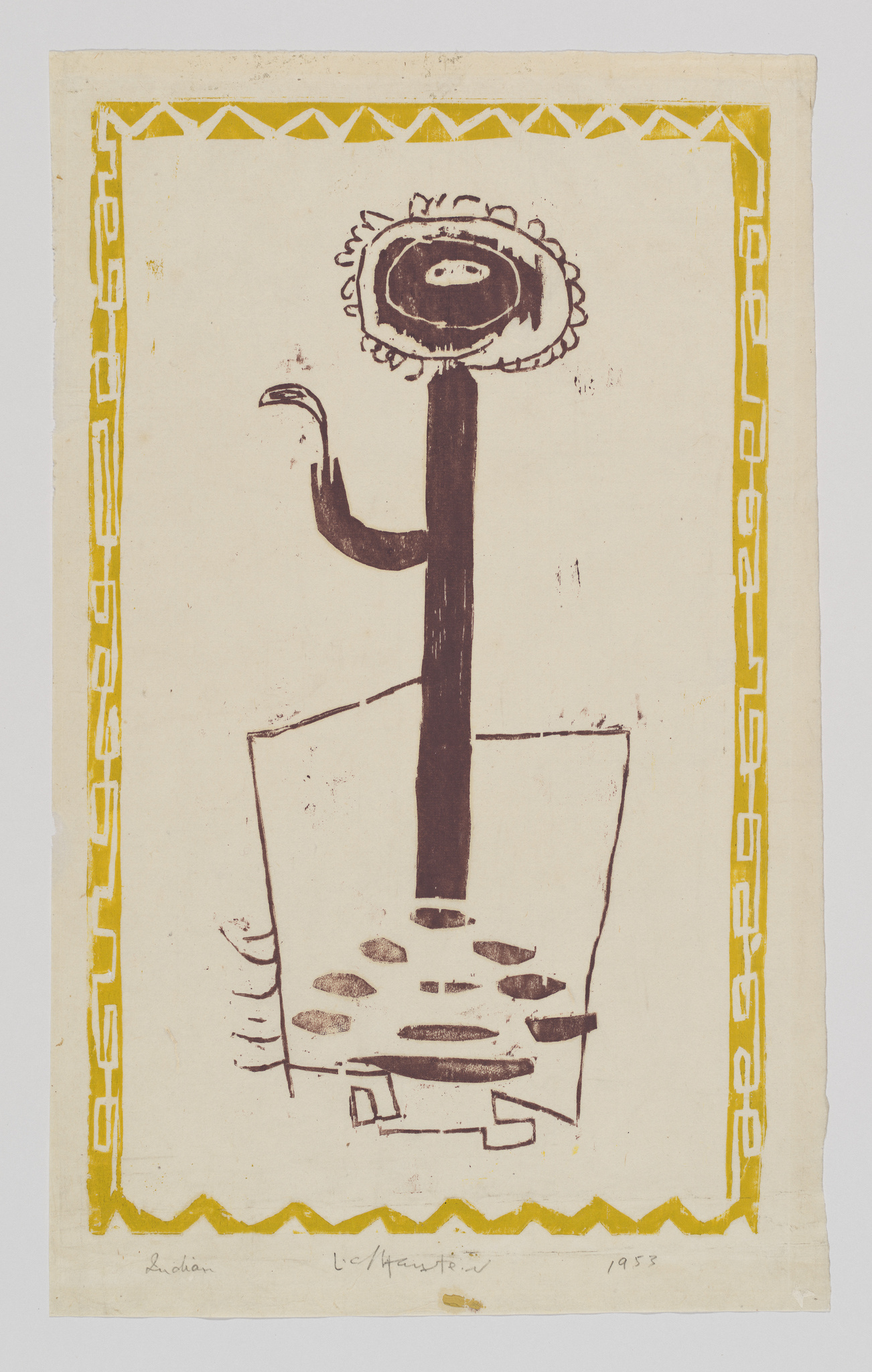 An abstract artwork featuring a stylized figure with a large eye for a head, a long neck, and a body resembling a chair or throne. The figure is surrounded by a decorative border with a yellow zigzag pattern at the bottom and a chain-like motif on the sides. The print is predominantly in brown and yellow tones, with the artist's signature and the year 1953 at the bottom.