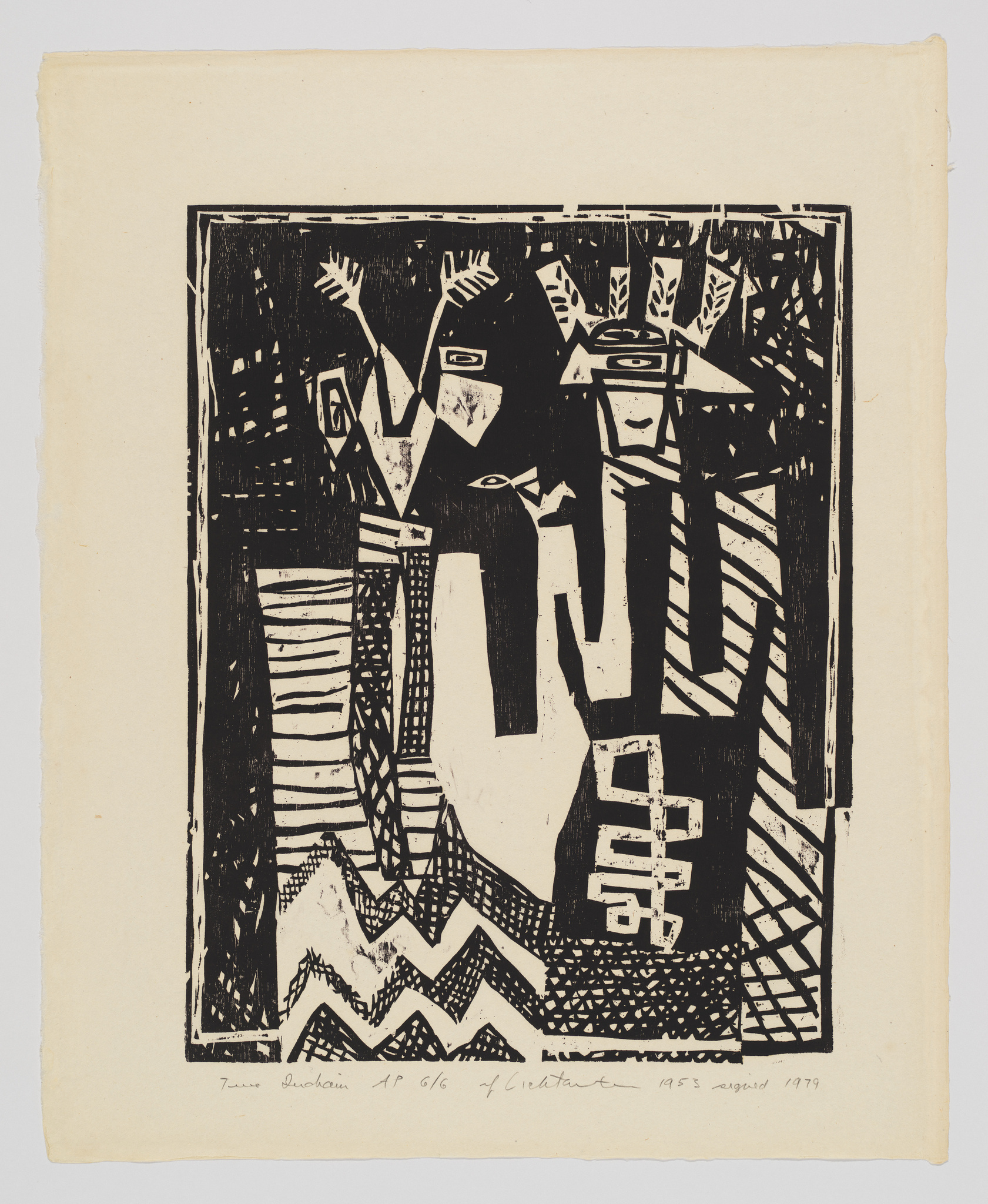 A black and white expressionist woodcut print featuring abstract figures with prominent eyes and geometric shapes. The composition is dense with patterns and lines, creating a sense of movement and chaos. There is text at the bottom indicating the artist's name, edition information, and the year 1979.
