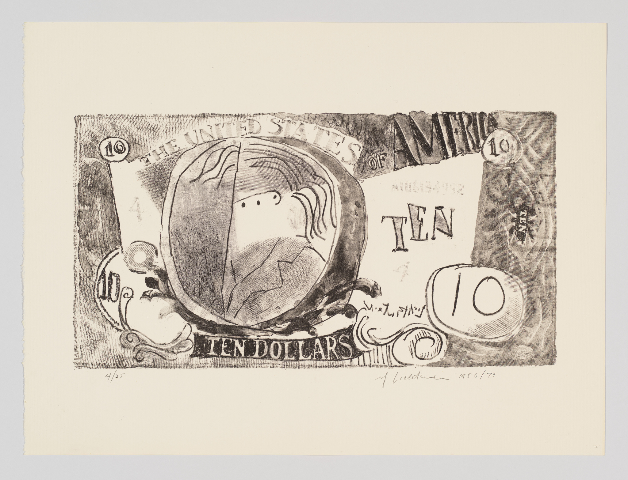 An artistic print resembling a distorted ten-dollar bill with abstract and exaggerated features, including a large, central circular shape that distorts the portrait and numerals. The words "THE UNITED STATES OF AMERICA" and "TEN DOLLARS" are visible in a stylized font. The print is numbered and signed by the artist, dated 1956/71.