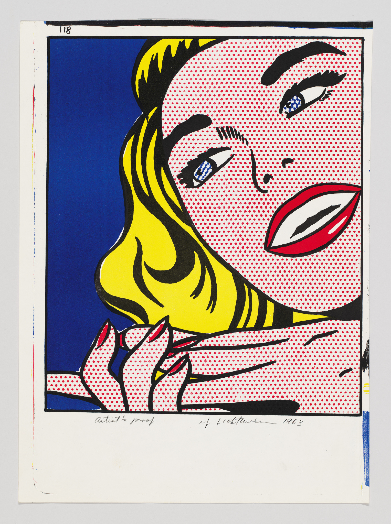 A woman with yellow hair and red lips looks upward, her hand near her face, in a comic book style.