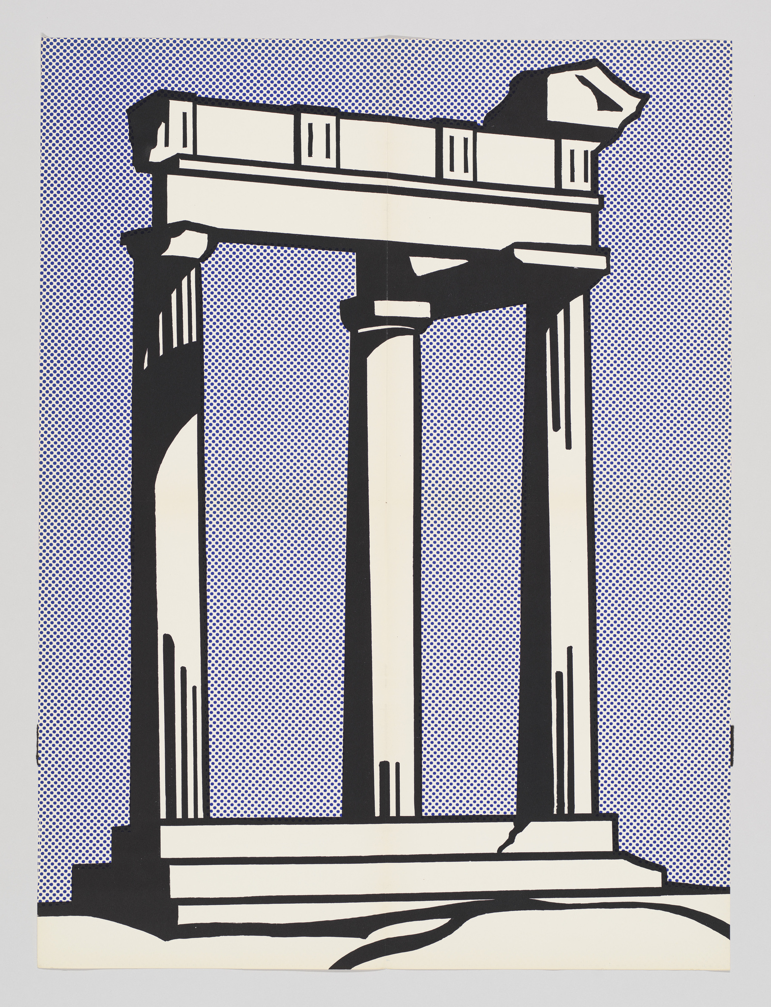 Graphic artwork depicting a stylized ancient Greek or Roman temple with columns, a pediment, and a fragmented sculpture of a head on top, set against a dotted blue background.