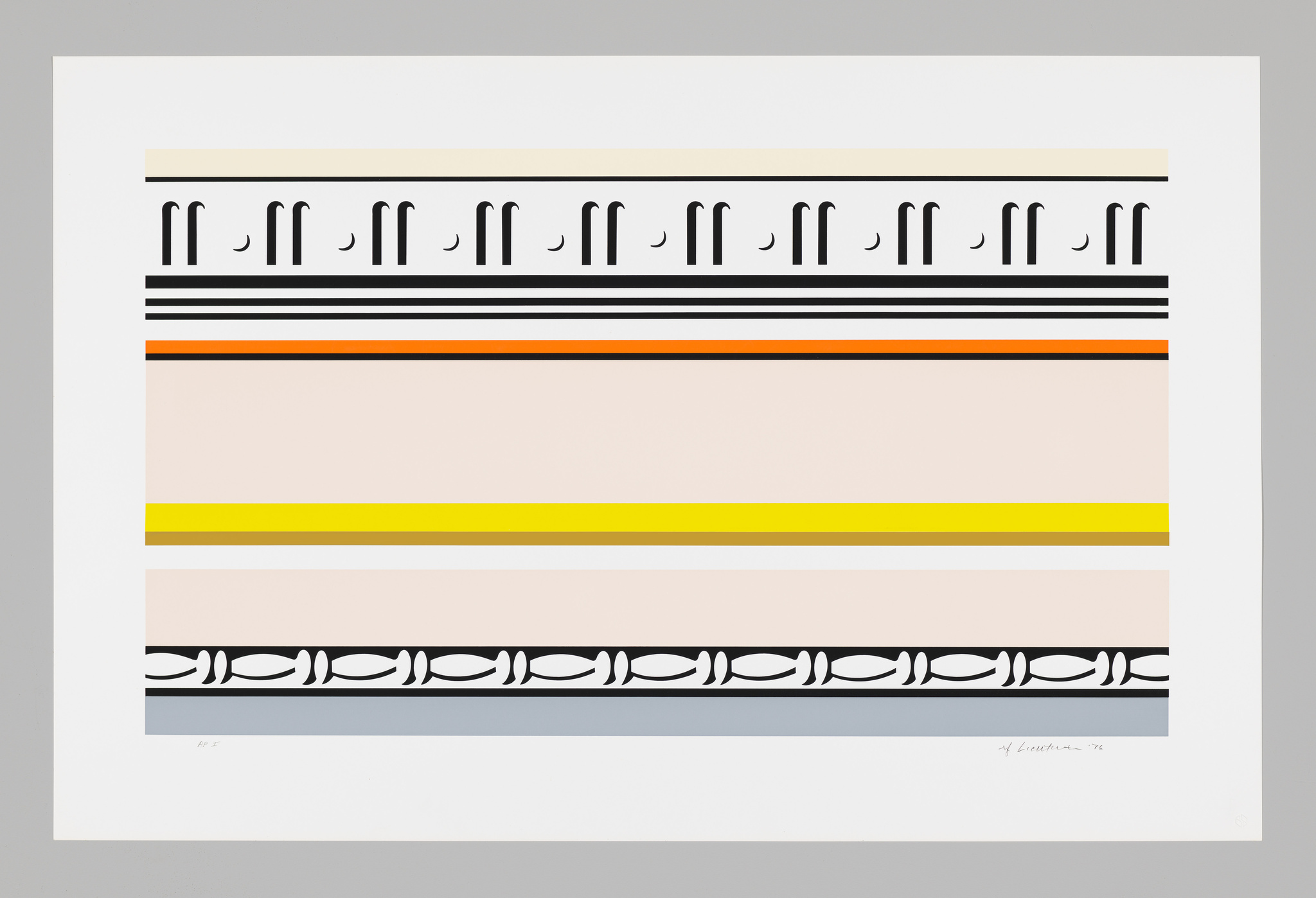 Sharp, heavy lines with patterns of round geometric shapes run across the top and bottom of the frame, resembling architectural detail.