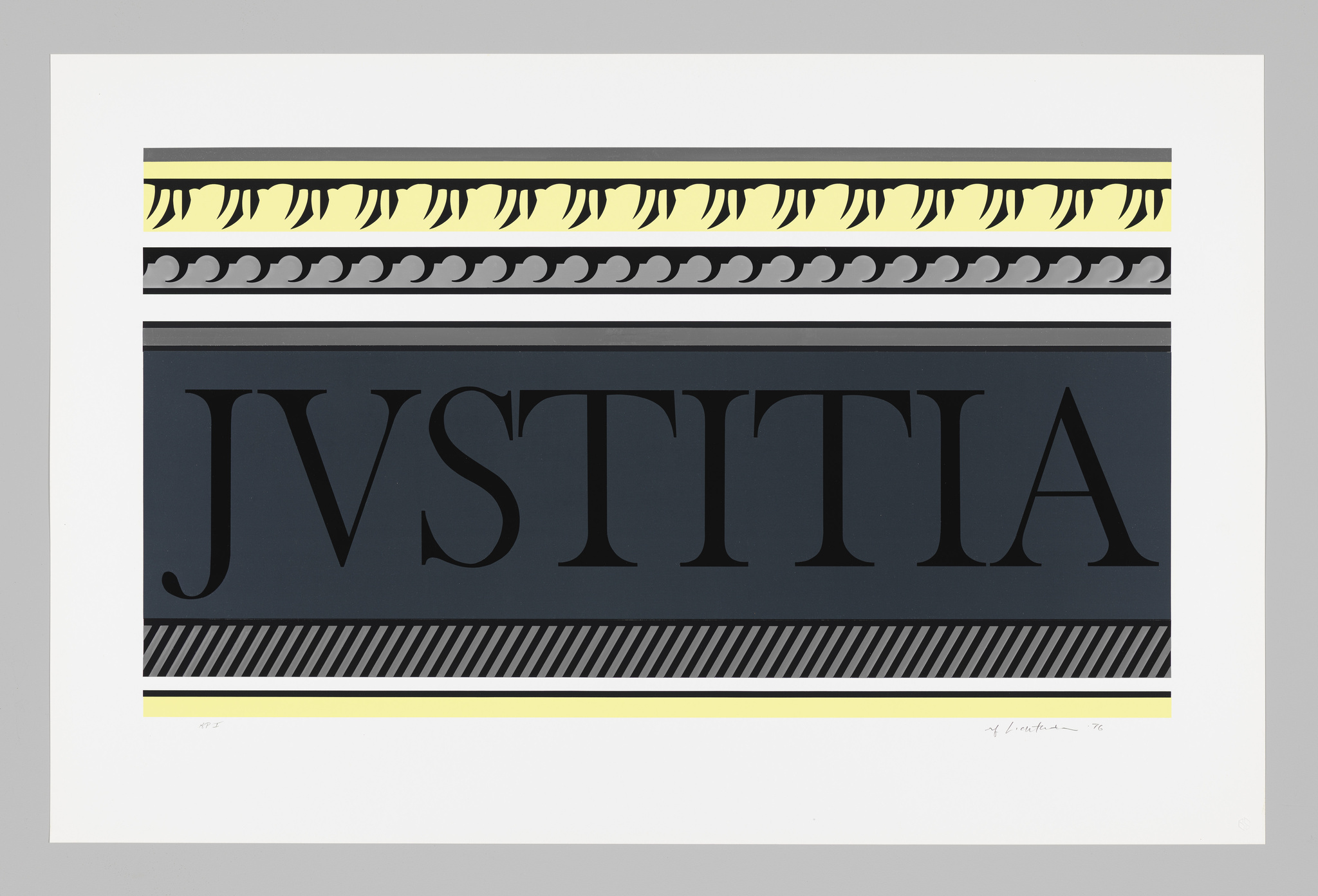 Graphic print featuring the word "IVSTITIA" in large, serif capital letters on a dark background, flanked by decorative borders with geometric and leaf-like patterns in yellow, black, and white. The artwork is signed and dated at the bottom right.