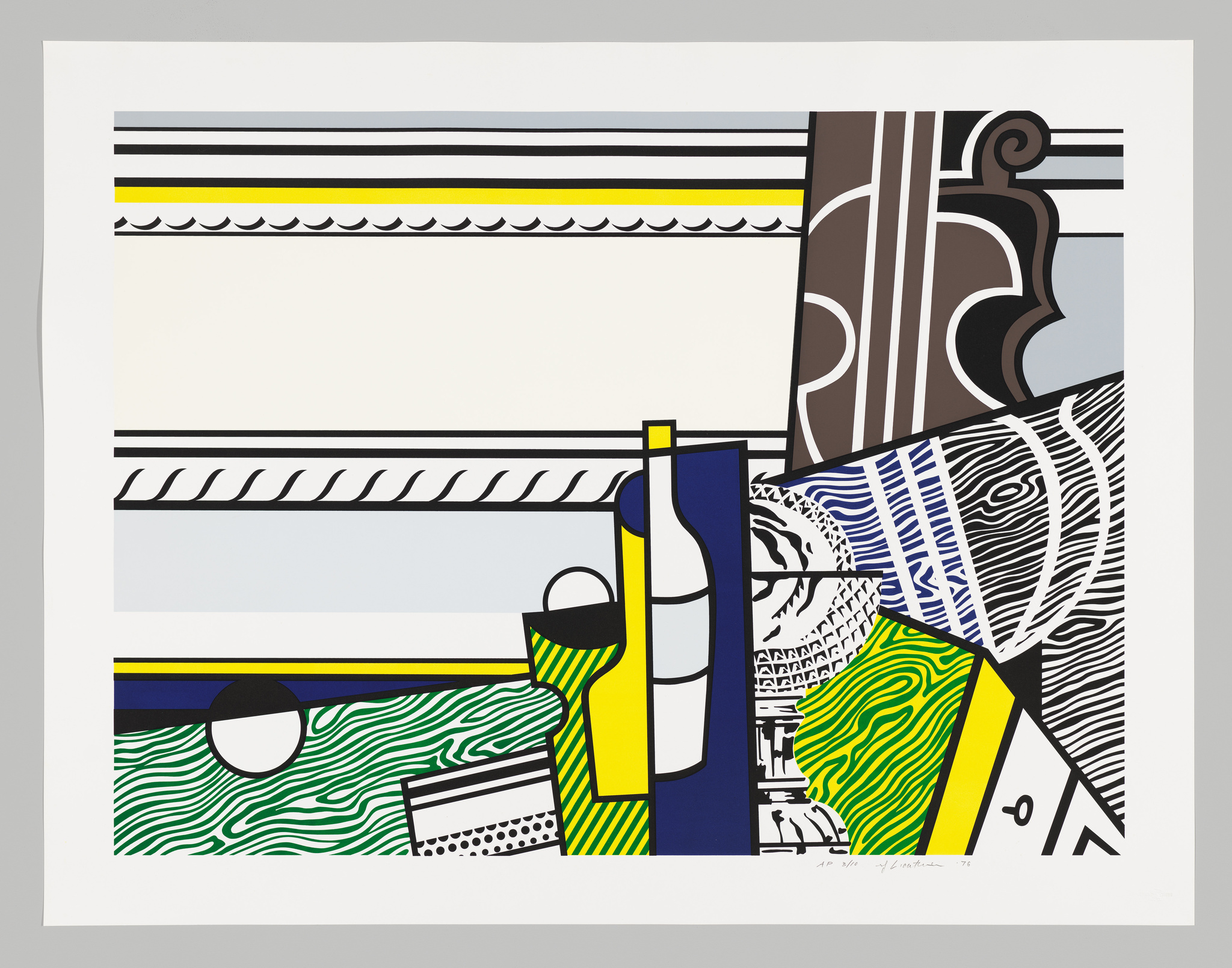 A modern art print featuring abstract geometric shapes and lines in a limited color palette of yellow, blue, black, and white. The composition includes patterns that resemble waves, stripes, and architectural elements, creating a dynamic and structured visual experience.
