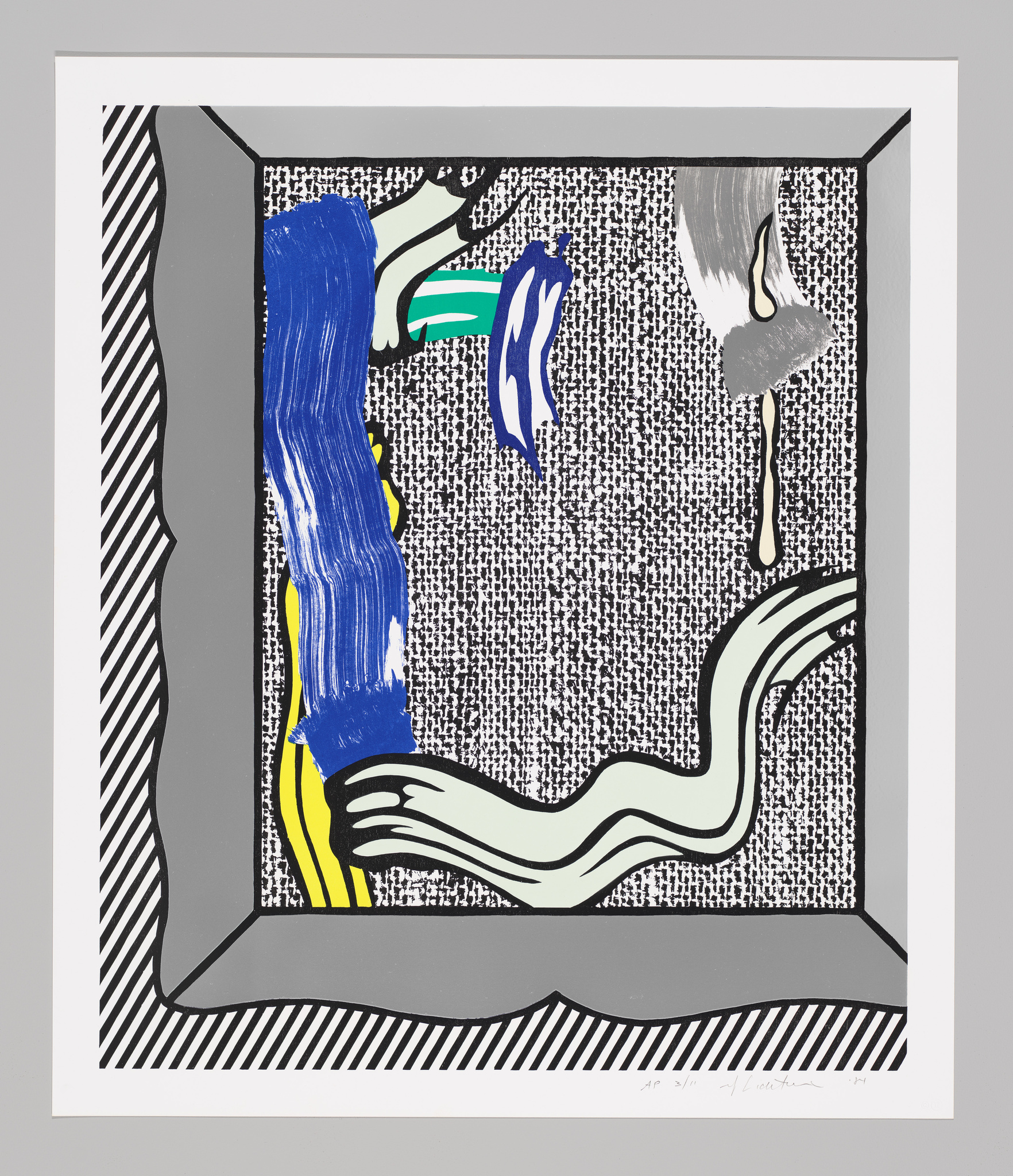 A framed abstract artwork featuring bold brushstrokes and a variety of shapes in colors such as blue, green, yellow, and gray on a textured black and white background. The frame is depicted with a three-dimensional perspective, using black and white stripes to create a sense of depth.