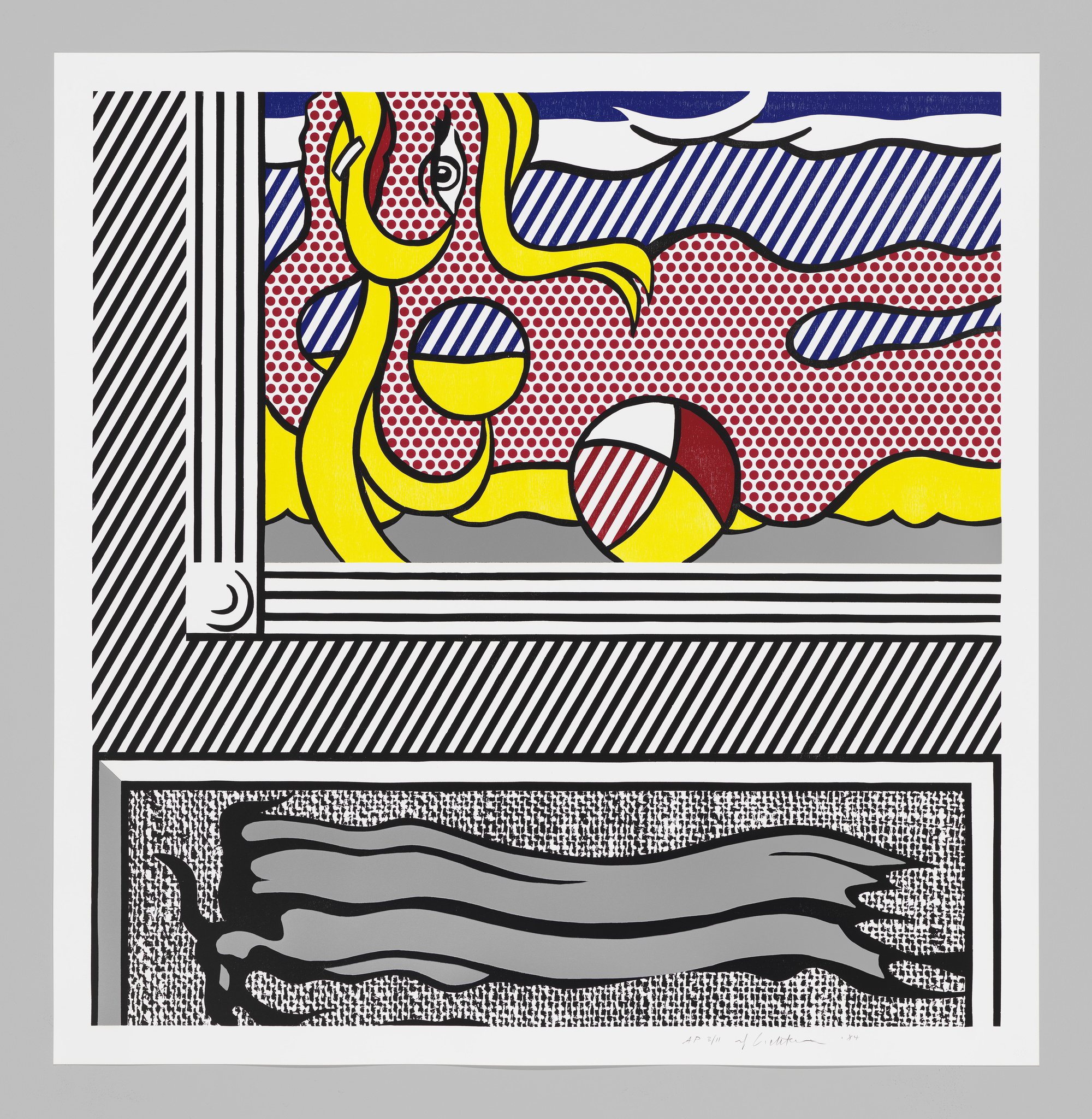 Graphic artwork featuring abstract shapes and patterns with a dominant yellow, red, blue, and black color scheme. The top section shows a wavy yellow form with red polka dots, intersected by blue striped elements and a red and white striped sphere. The bottom section depicts a black wavy form on a textured background, all enclosed within a border with black and white stripes and a corner detail resembling an eye.