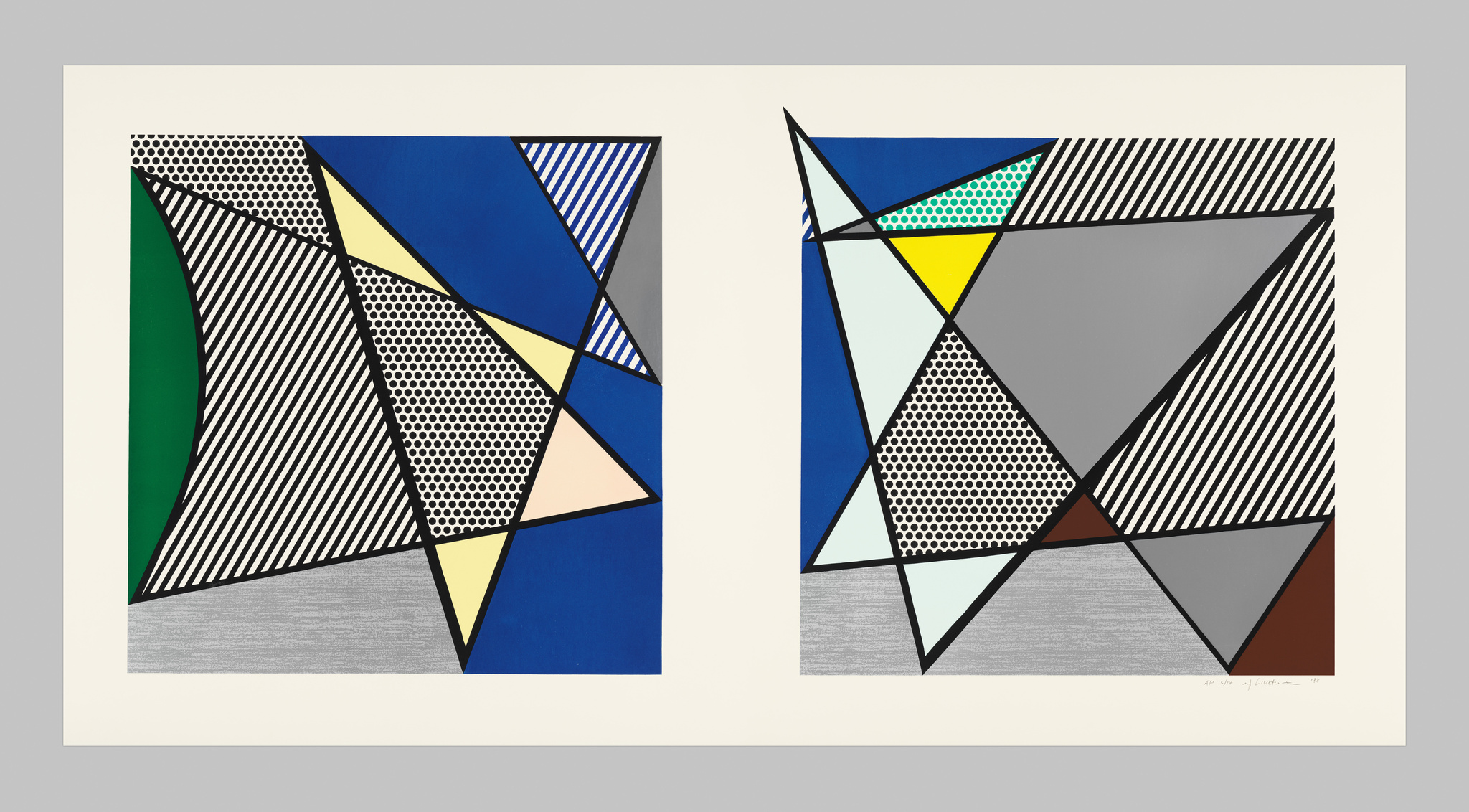 A digital image of two side-by-side abstract geometric prints with a variety of shapes and patterns in bold colors such as blue, green, yellow, and black, with dotted and striped textures. The artwork is signed and numbered at the bottom right.