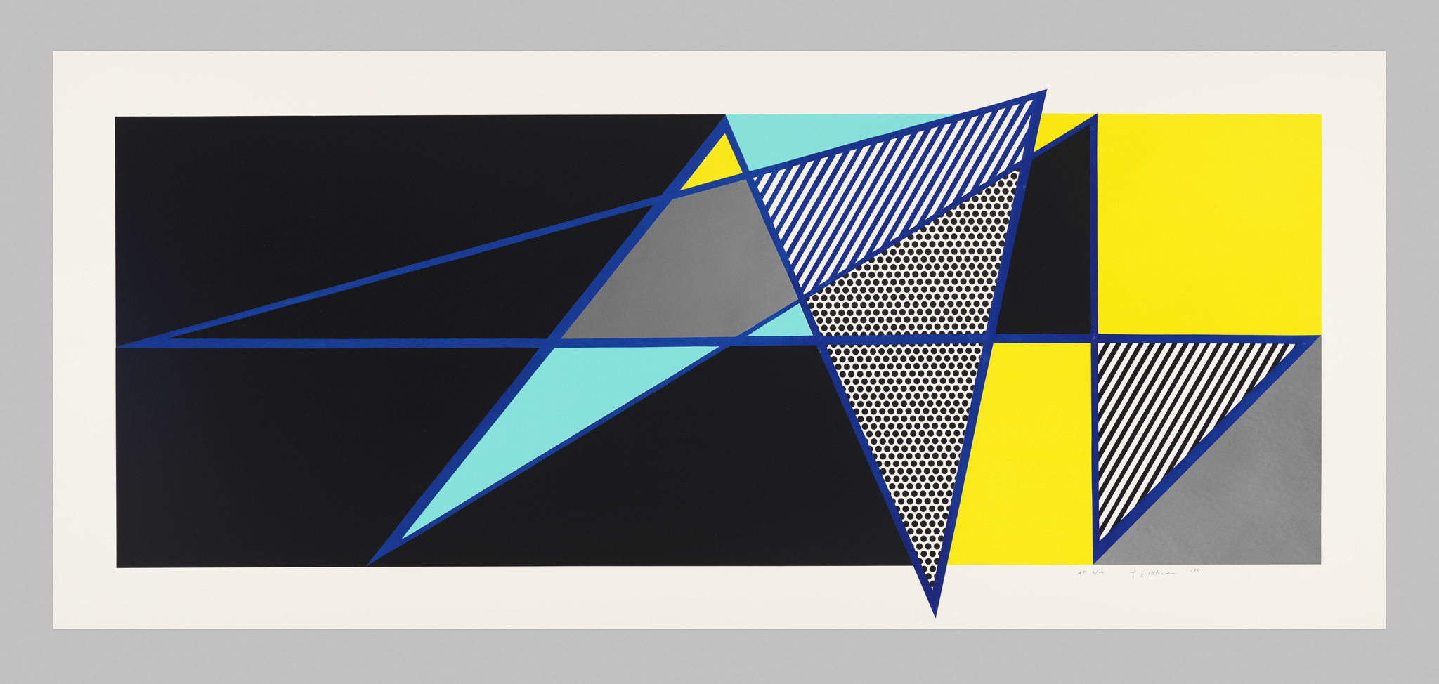 A modern abstract geometric print featuring a composition of overlapping shapes in blue, yellow, and black, with various patterns such as stripes and dots, against a dark background, bordered by a white margin with artist's signature and edition number at the bottom.