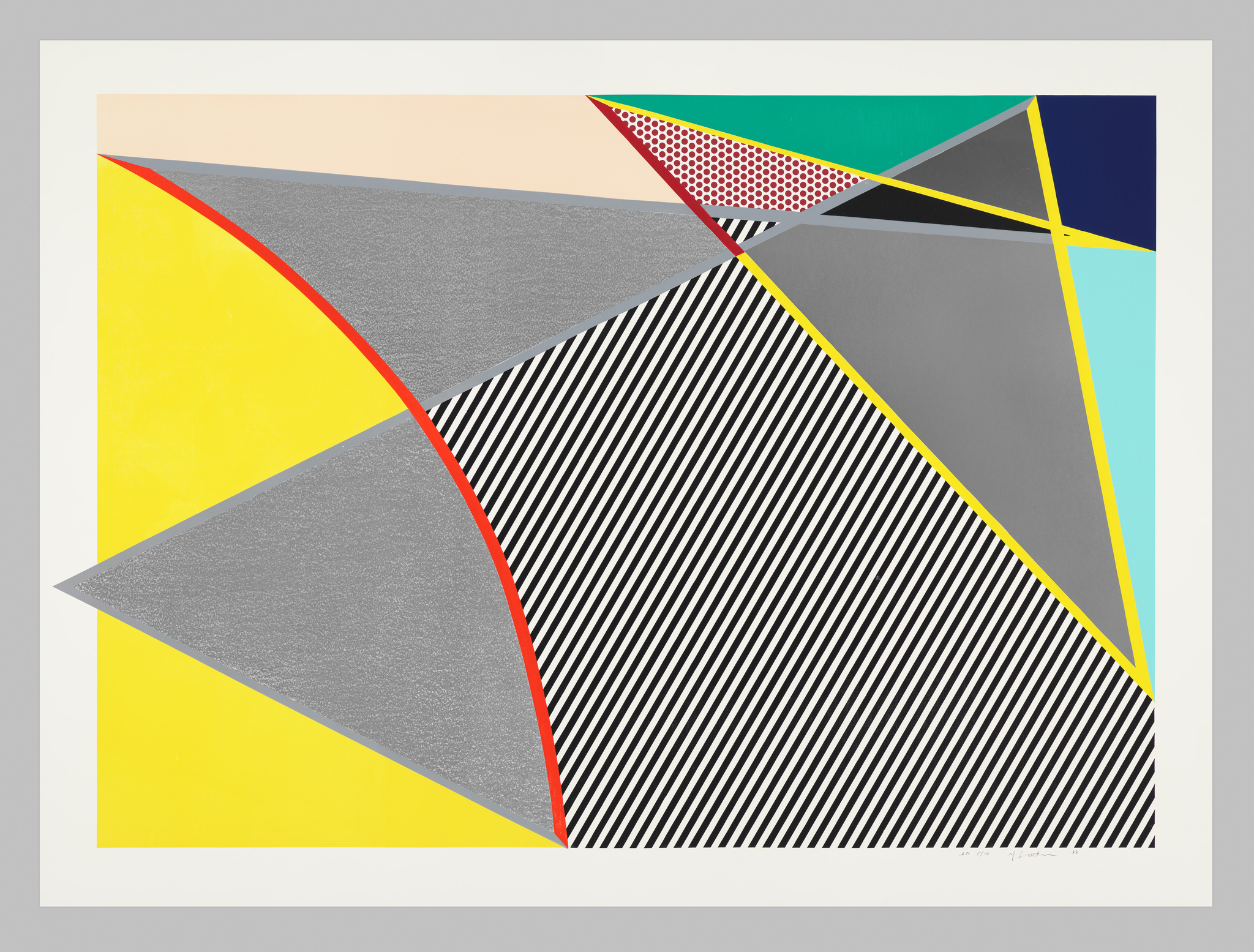 A colorful abstract geometric artwork featuring a variety of shapes and patterns, including triangles and stripes, in a palette of yellow, red, blue, teal, and gray tones.