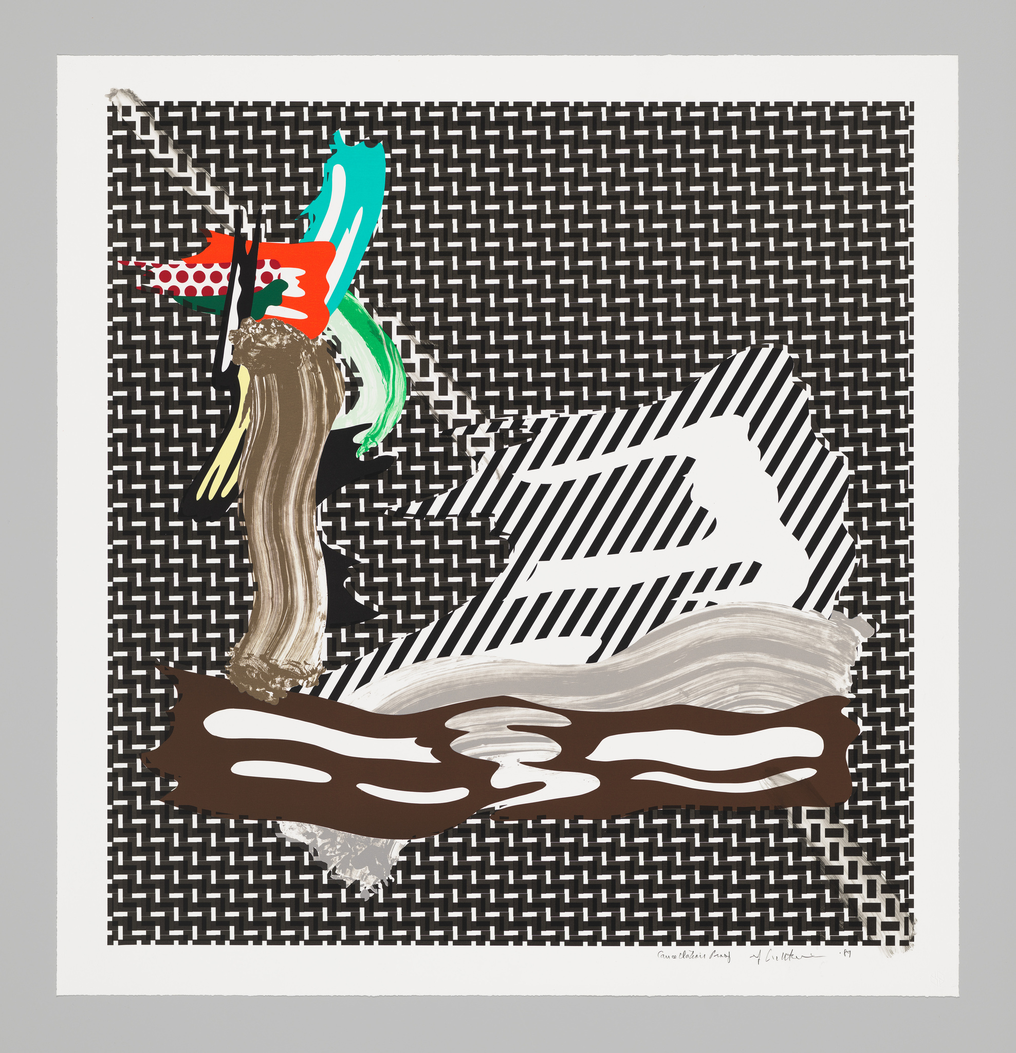 Abstract artwork featuring a houndstooth pattern background with a central white and brown shape resembling a reclining figure or landscape. Splashes of color, including teal, red with polka dots, and green, add a dynamic element to the composition. The piece is signed and dated in the lower right corner.