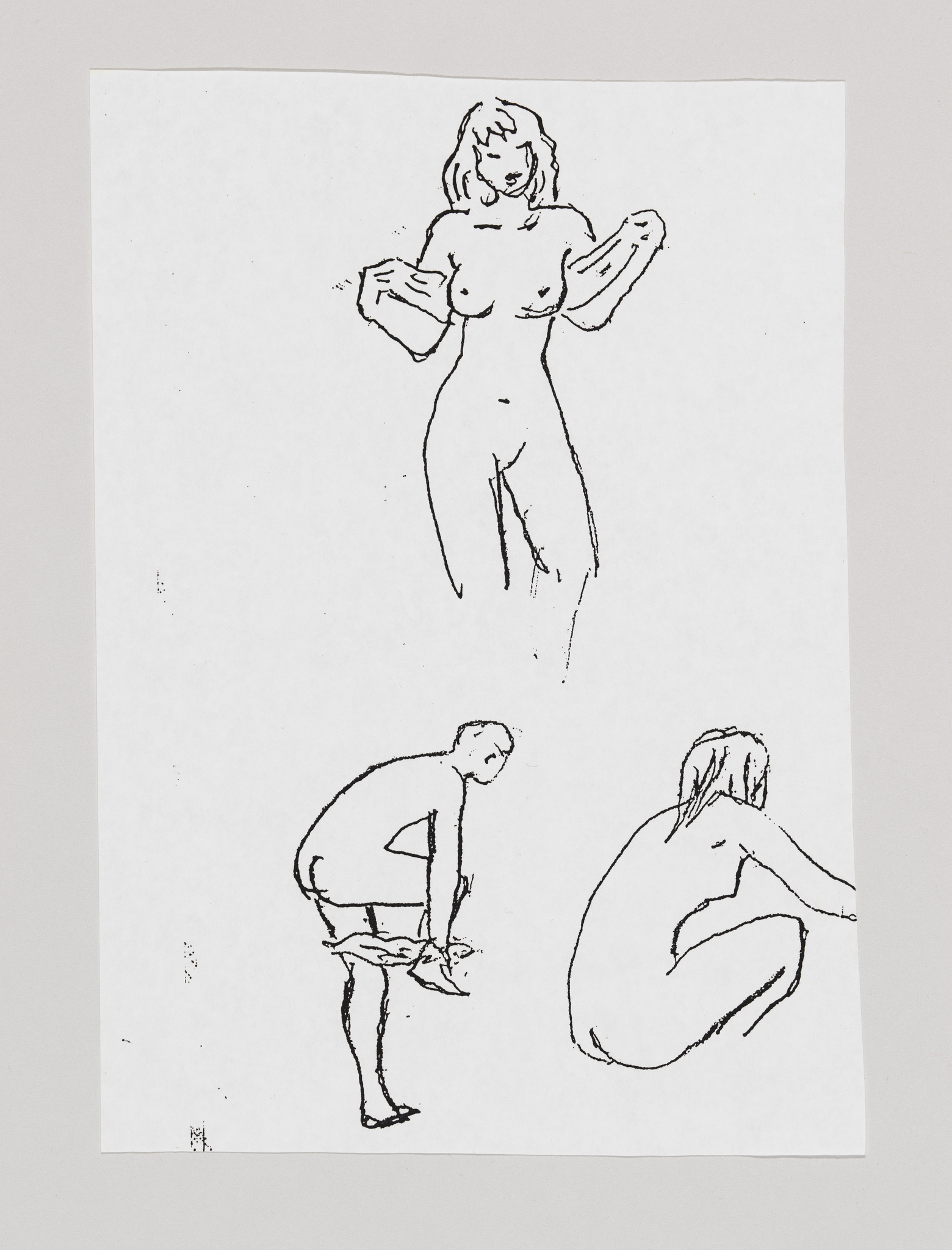 A sketch on a white background featuring three figures drawn in black ink. The top figure is a stylized woman standing with her arms flexed, while the bottom left shows a person bending over to tie their shoe, and the bottom right depicts a person sitting with their knees drawn up to their chest. The drawing has a rough, expressive quality.