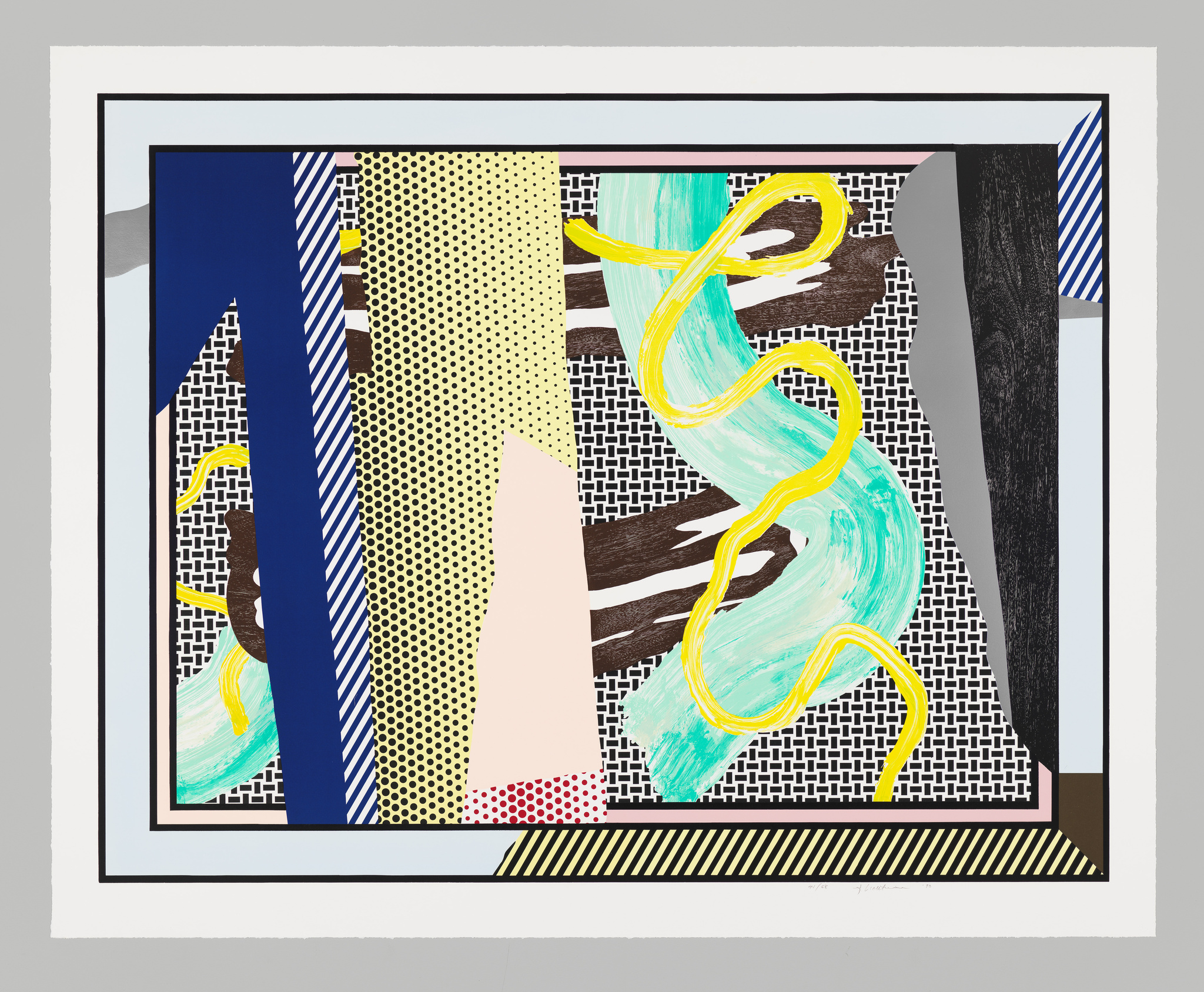 Abstract artwork featuring a collage of various patterns and textures with bold lines and shapes in a color palette that includes blue, yellow, brown, and black, all framed within multiple borders.