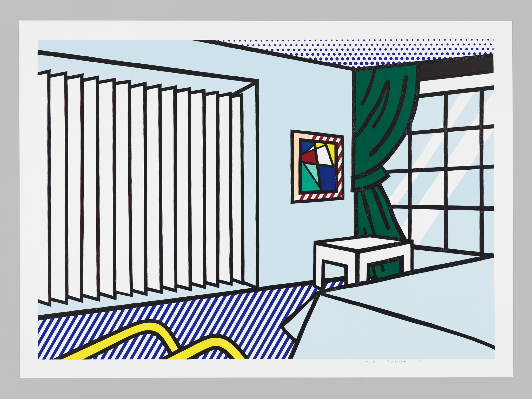 Graphic art print depicting a stylized interior scene with bold outlines and flat areas of color. The room features a large window with a green curtain pulled to one side, a striped yellow and blue rug on the floor, and a small table with a green object on it. A framed picture with geometric shapes hangs on the wall. The artwork has a signature in the bottom right corner.